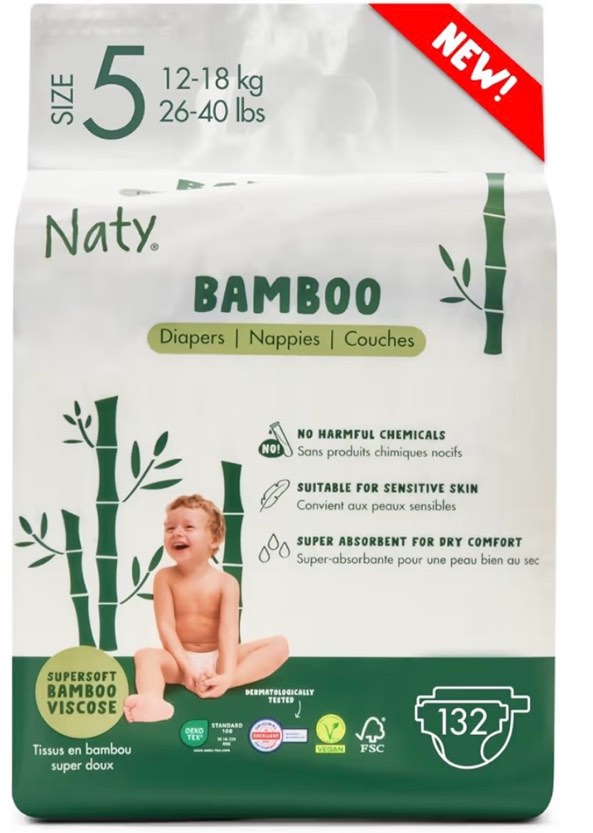 naty bamboo viscose baby diapers – silky soft, plant based, dermatologically tested for sensitive skin & super absorbent (size 5, 132 count)