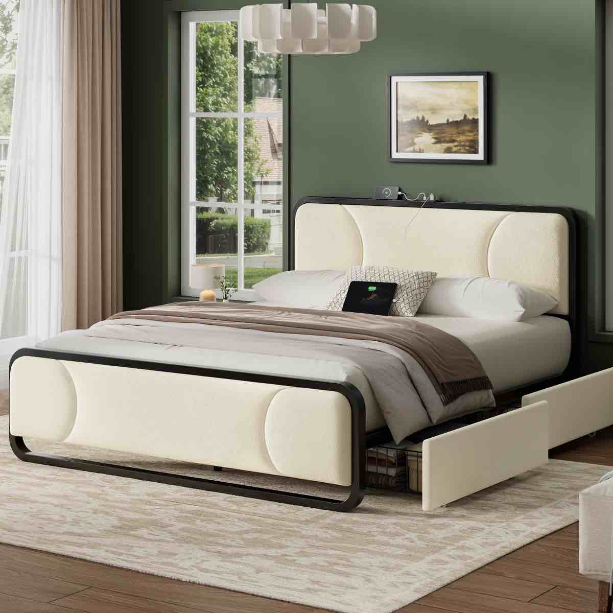 upholstered platform bed with 2 storage drawers, modern bed frame with charging station, storage bed with velvet tufted headboard, no spring boxing needed