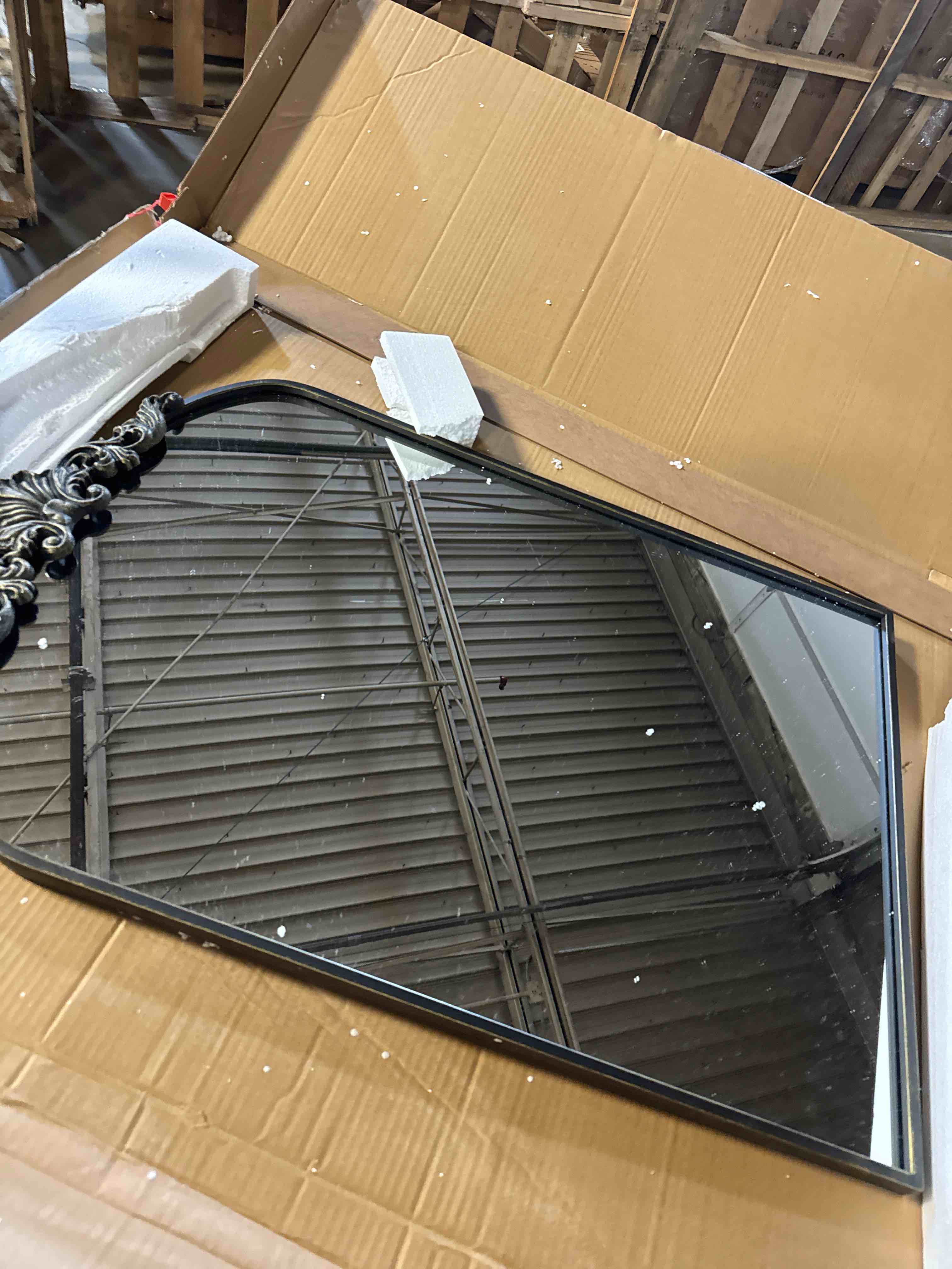 Condition photo showing New/Like New for 36"x 24" Arched Bathroom Mirror, Wall-Mounted Mirror with Carved Metal Frame & Bottom Art Carved, Vanity Mirror for Home Decor, Hanging Wall Mirror with Baroque Ornate Carved Accents, Vintage Black