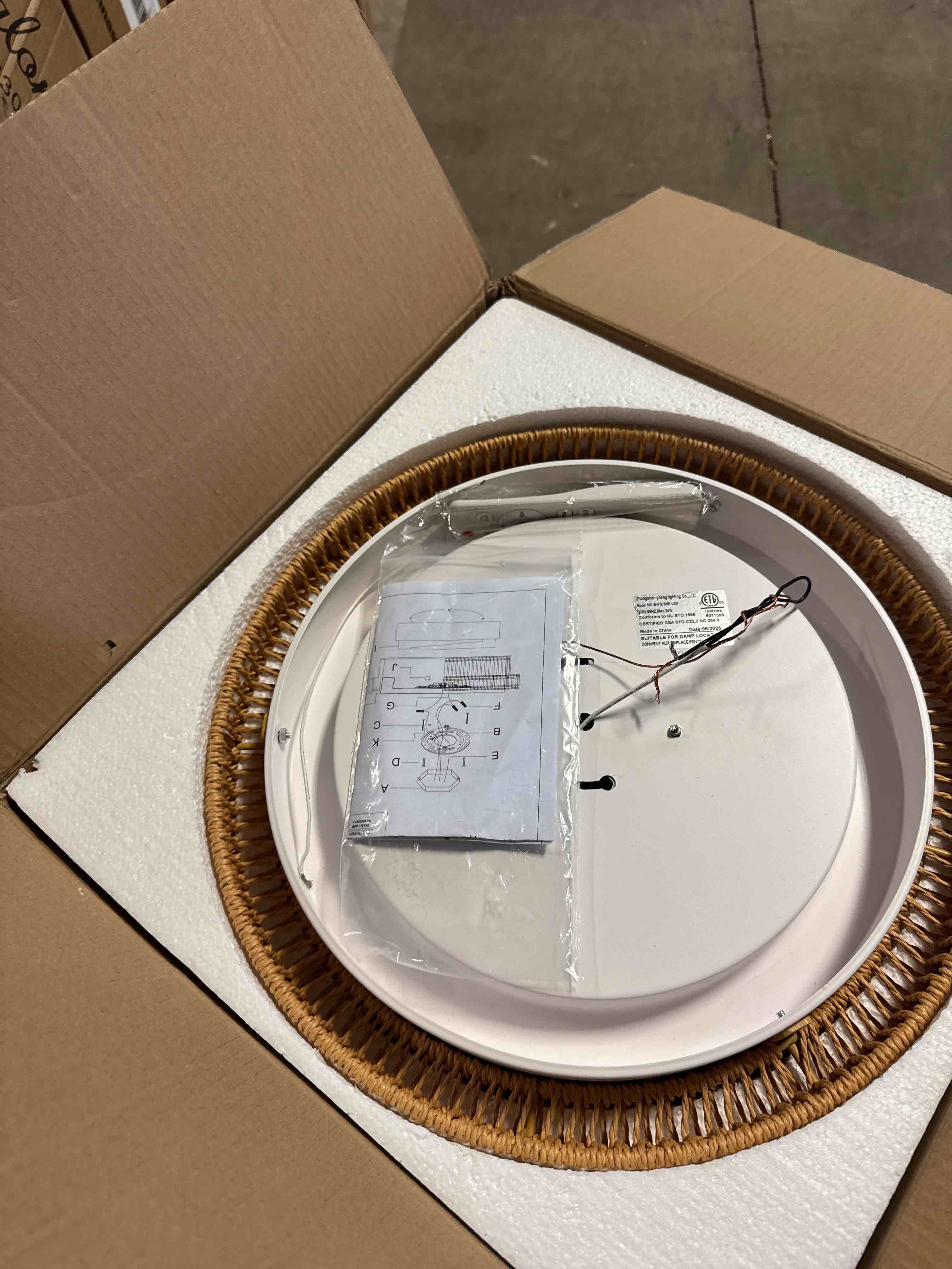 Condition photo showing New/Like New for LED Rattan Ceiling Light, HWH Boho Light Fixtures Ceiling 22W, 15'' Handwoven Twine Cage Light Fixtures Close to Ceiling Light 5CCT, 5HYS78MF-LED Beige 15.7 Inch