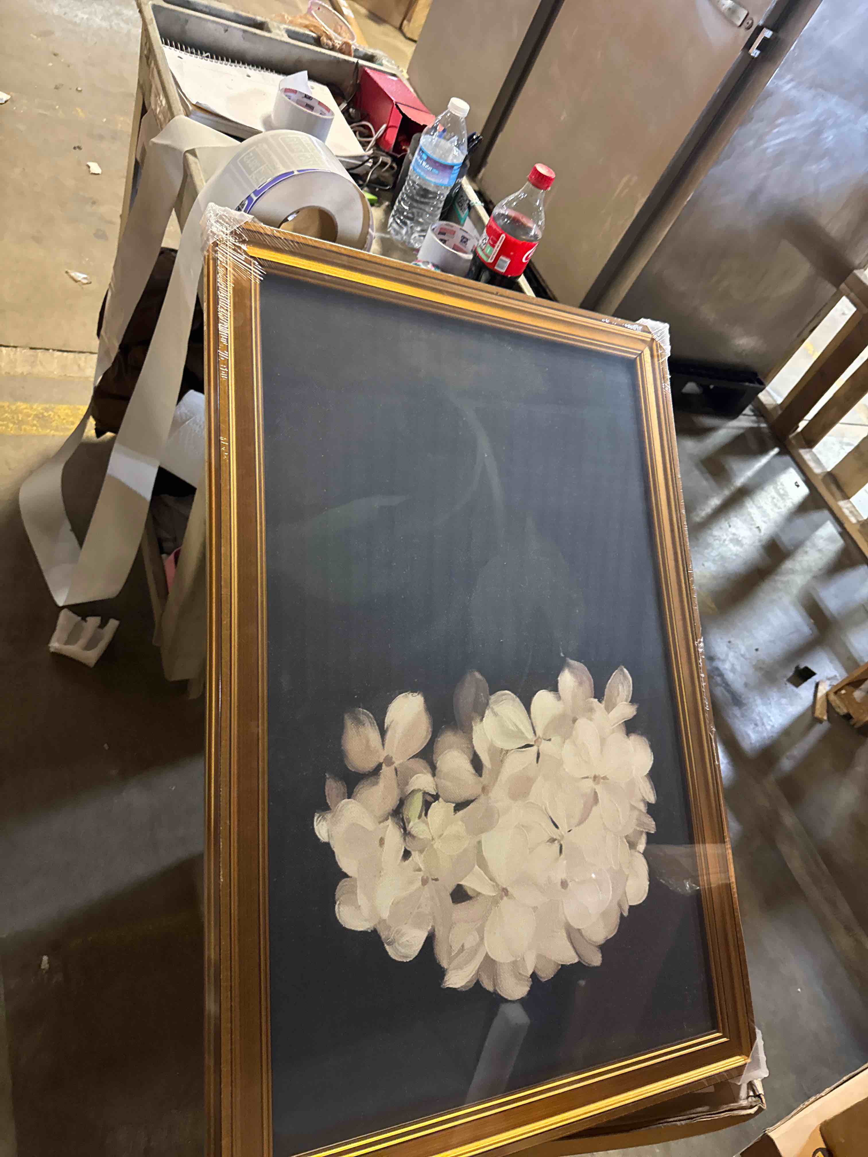 Condition photo showing New/Like New for HUARCEY Gold Framed Vintage Wall Art for Living Room, Flowers Painting Canvas Print Shelf Decor for Kitchen, Aesthetic Bedroom Wall Art, Christmas Gifts for Friends or Family (White Hydrangea 24"x36") White Hydrangea 36"L x 24"W