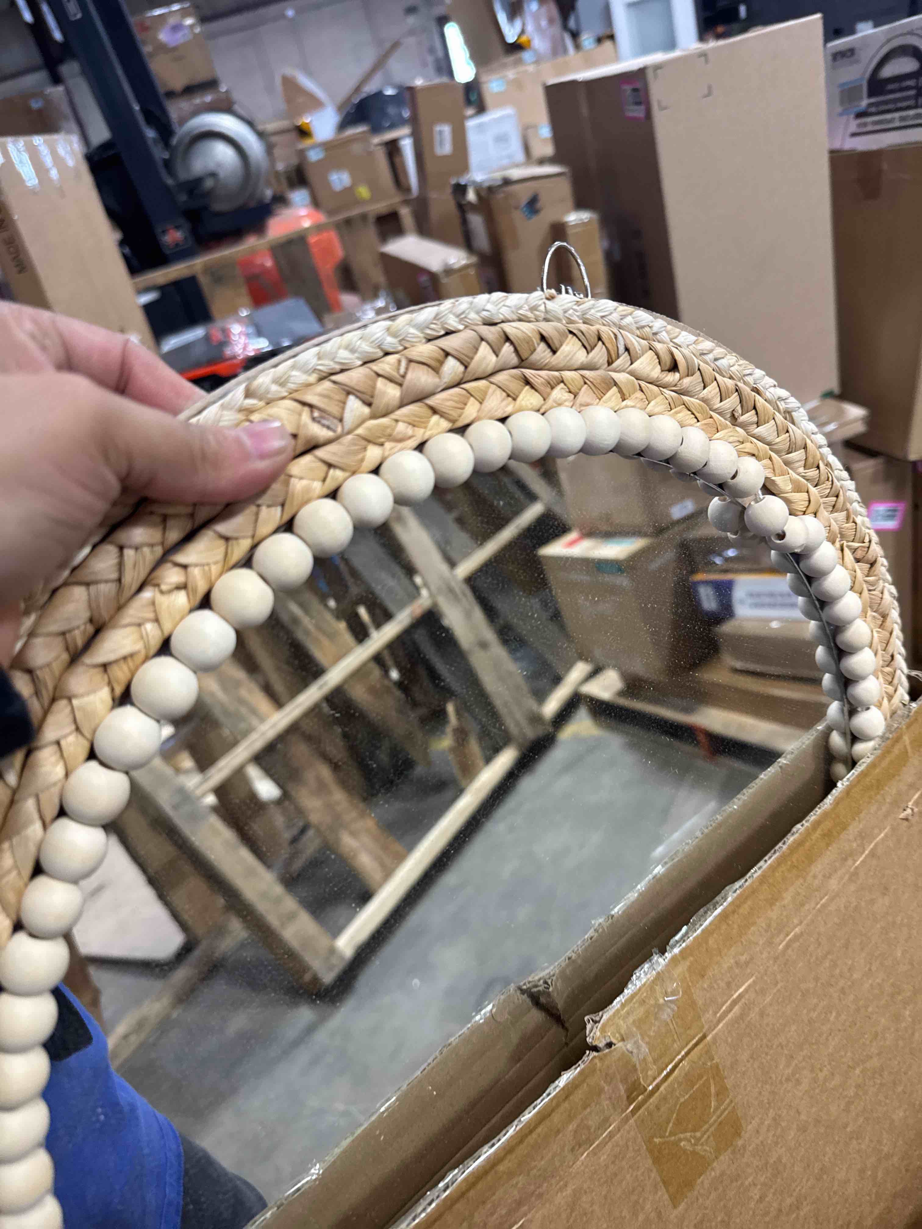 Condition photo showing Good Condition for SWTHONY 18 Inch Boho Round Hanging Wall Mirror Decorative Rattan Circle Mirrors for Farmhouse, Living Room, Bedroom