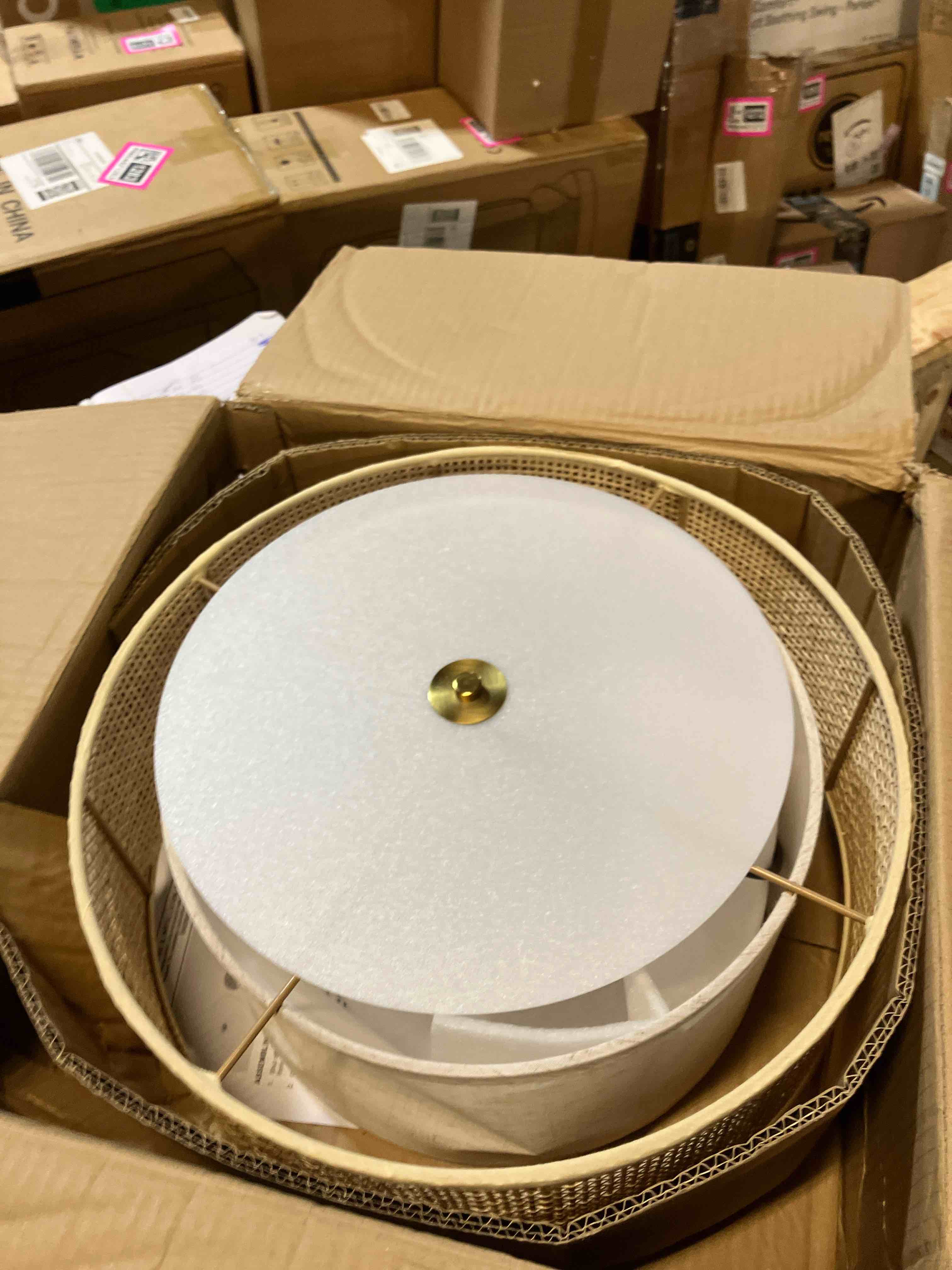 Condition photo showing Good Condition for DuGuoRISE 16" Woven Boho Ceiling Light Fixture Semi Flush Mount, Rattan Gold Light Fixtures with 2-Tier Drum Shade, Farmhouse Chandelier for Bedroom Living Room Nursery Dining Room Hallway Entryway