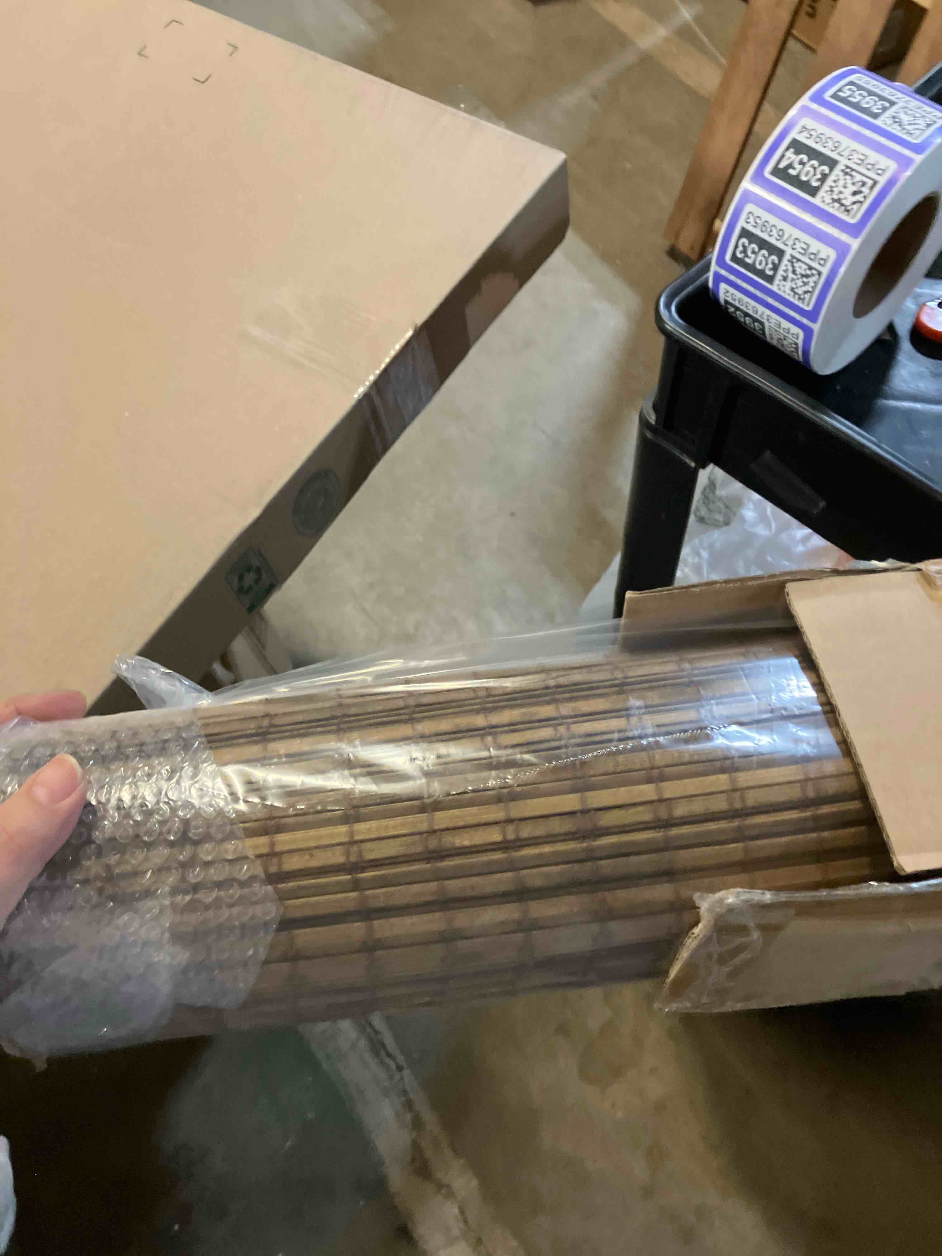 Condition photo showing New/Like New for LazBlinds Cordless Bamboo Roman Shades, Privacy Blinds for Interior Windows, Room Darkening Roll Up Bamboo Blinds for Home & Patio, 35.5" W x 64" H, Highfield Teak Pricacy - Highfield Teak 35 1/2" W x 64" H