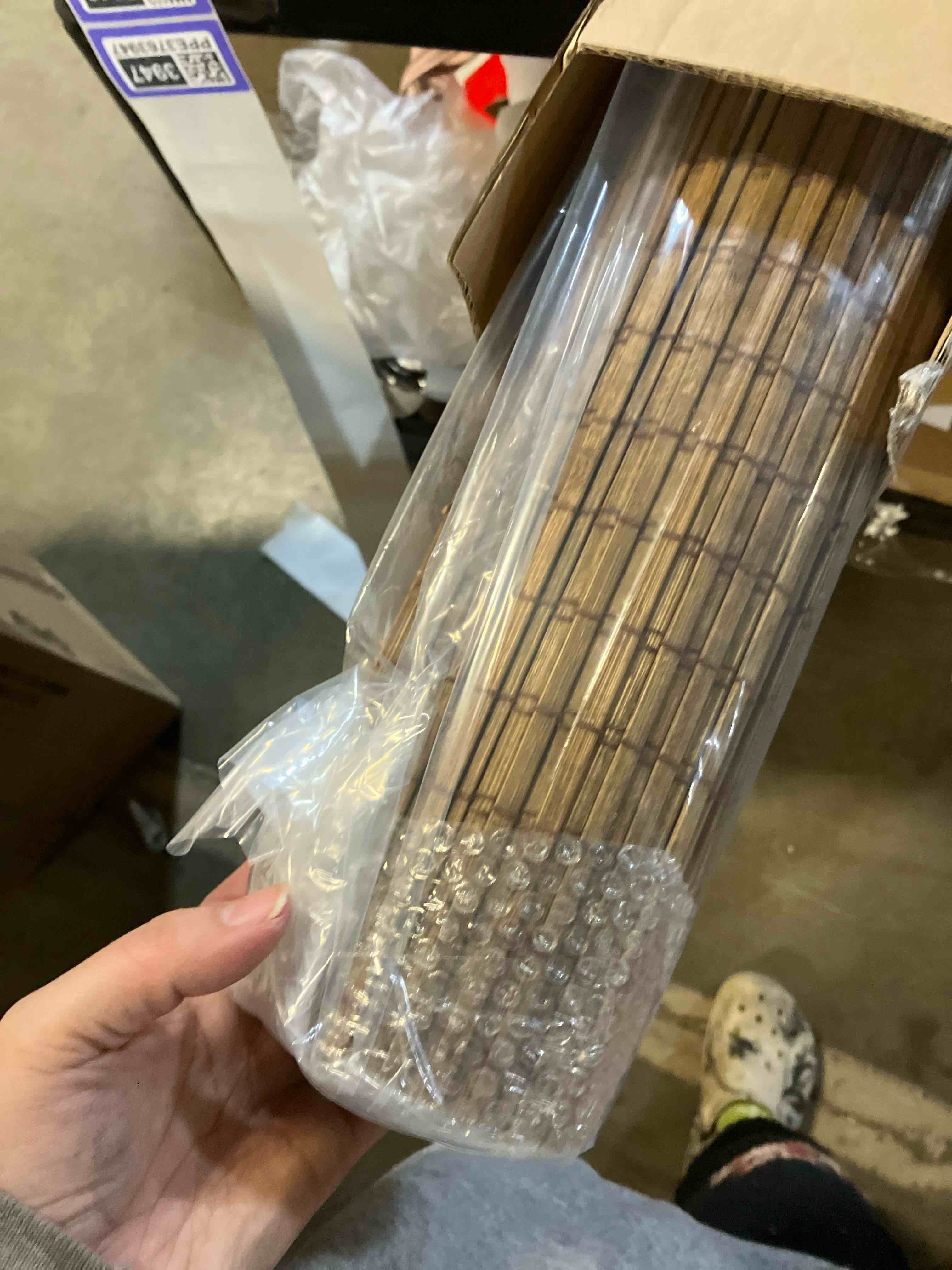 Condition photo showing New/Like New for LazBlinds Cordless Bamboo Roman Shades, Privacy Blinds for Interior Windows, Room Darkening Roll Up Bamboo Blinds for Home & Patio, 35.5" W x 64" H, Highfield Teak Pricacy - Highfield Teak 35 1/2" W x 64" H