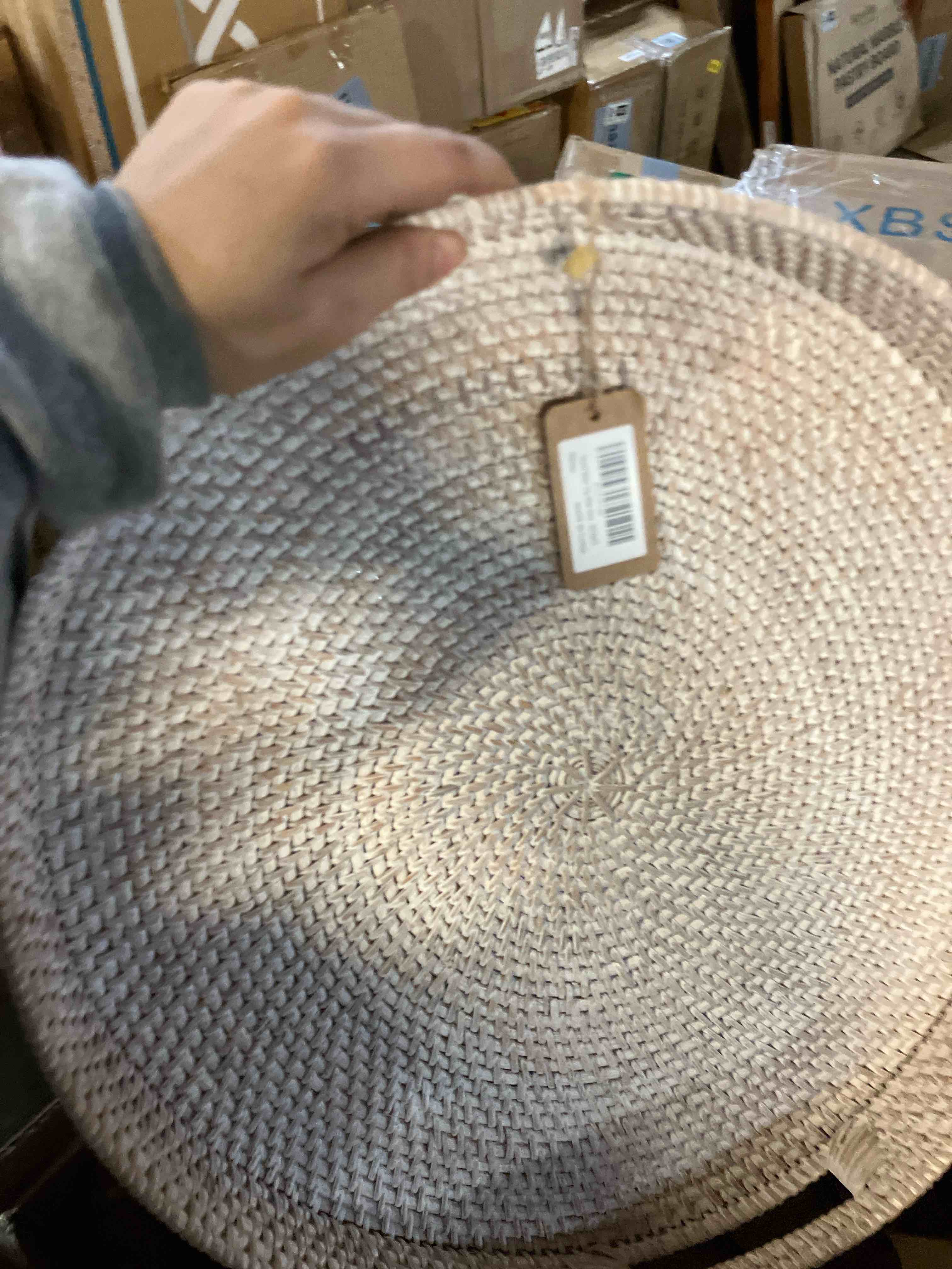 Condition photo showing New/Like New for Coffee Table Tray Round Rattan Ottoman Tray Woven Serving Trays with Handles for Home and Kitchen Decorative Whitewash (Large 16.9 inch) 16.9" Whitewash