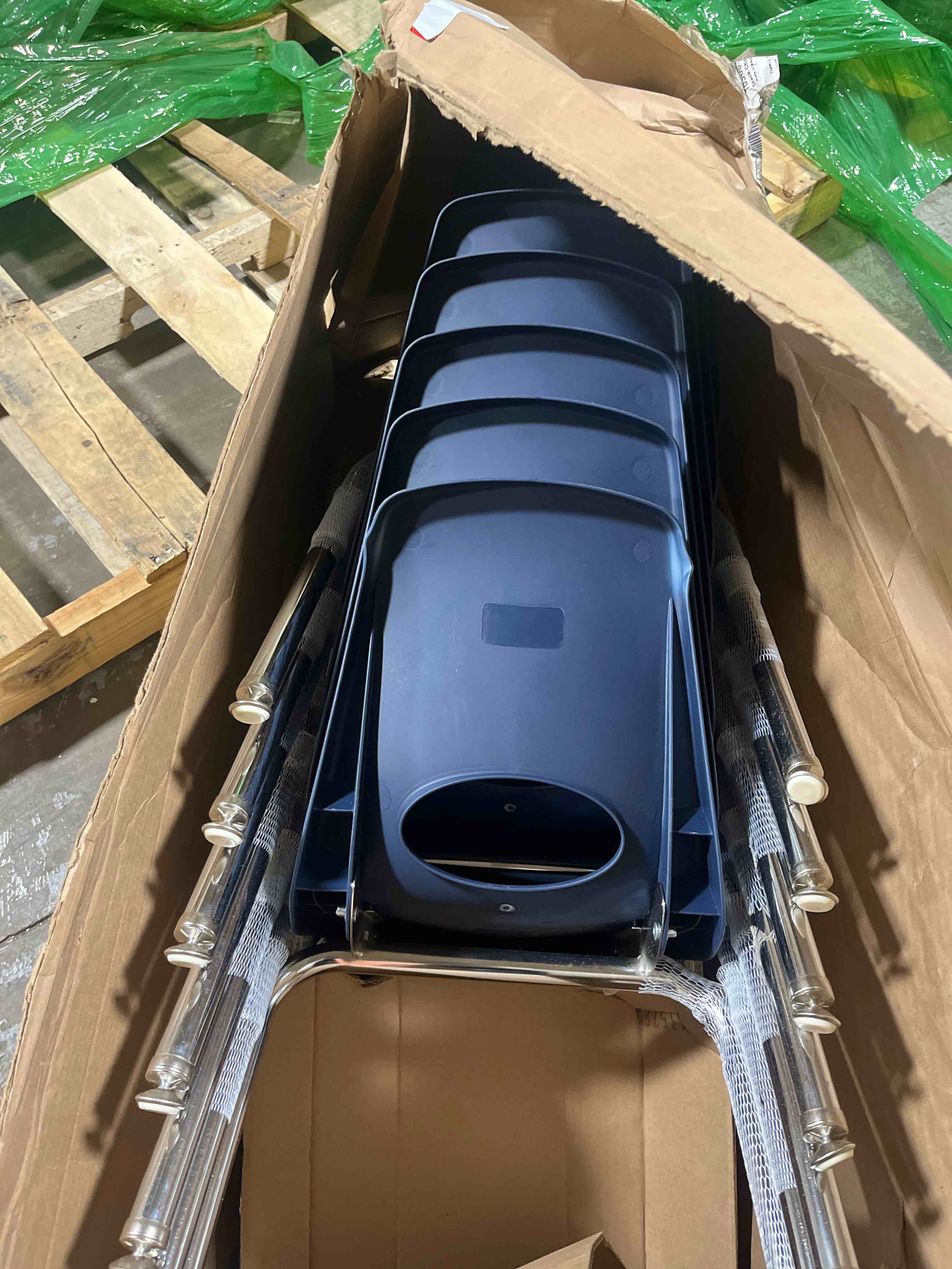 Condition photo showing New/Like New for FDP 16" School Stack Chair, Stacking Student Seat with Chromed Steel Legs and Nylon Swivel Glides; For In-Home Learning or Classroom - Navy (6-Pack), 10368-NV 16 inch Swivel Glides Navy