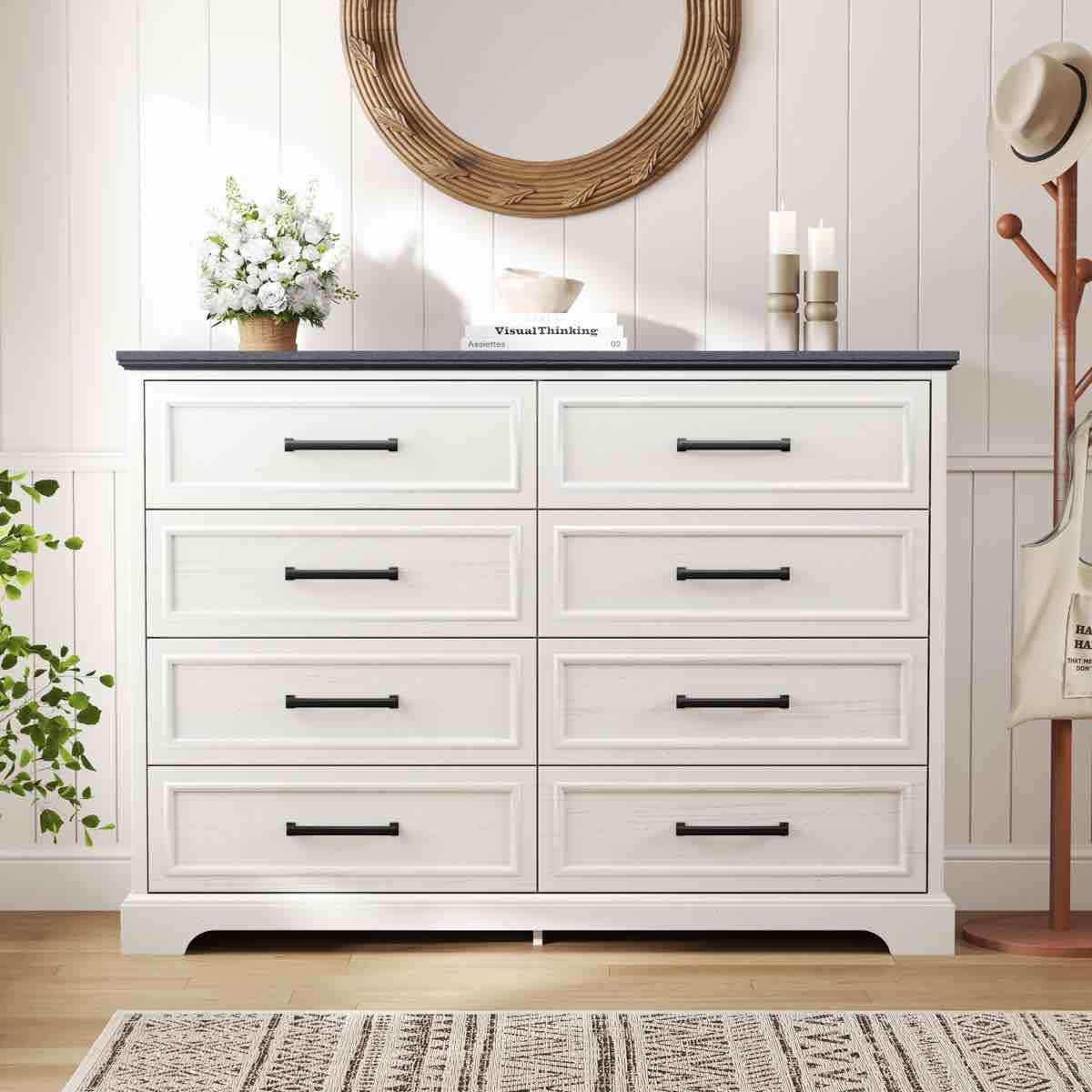 farmhouse 8 drawers dresser chests for bedroom,52" wide wood rustic chest of drawers with metal handle,natural texture