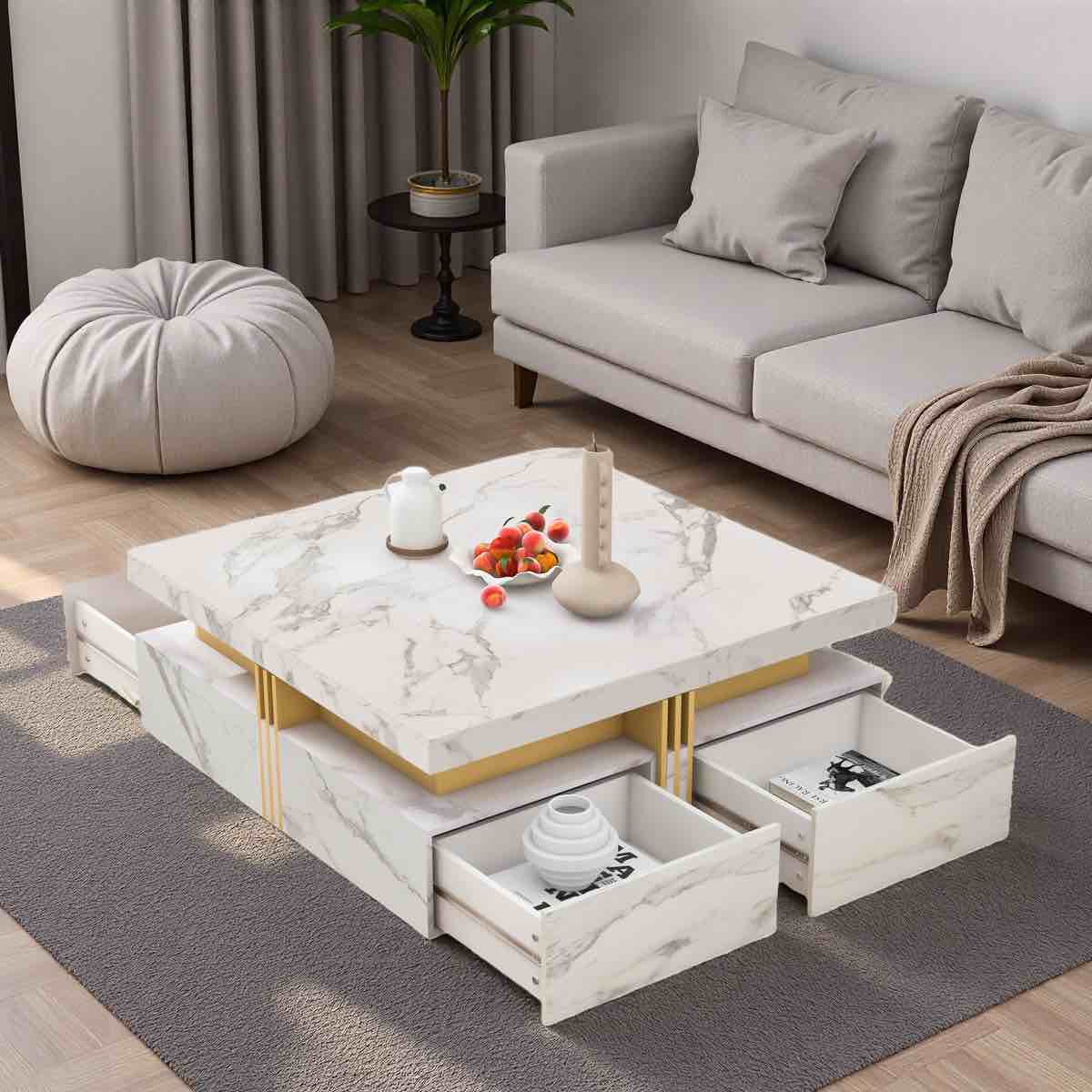 Modern Square Storage Coffee Table With 4 Drawers And Gold Accents