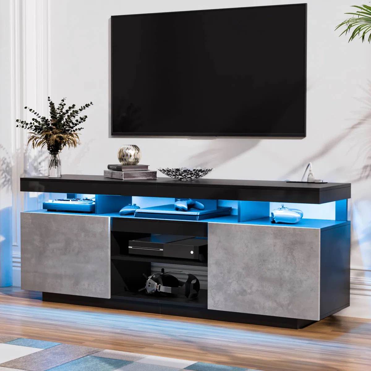chappa 63.78'' tv stand for tvs up to 70", modern media console with outlet and rgb led light