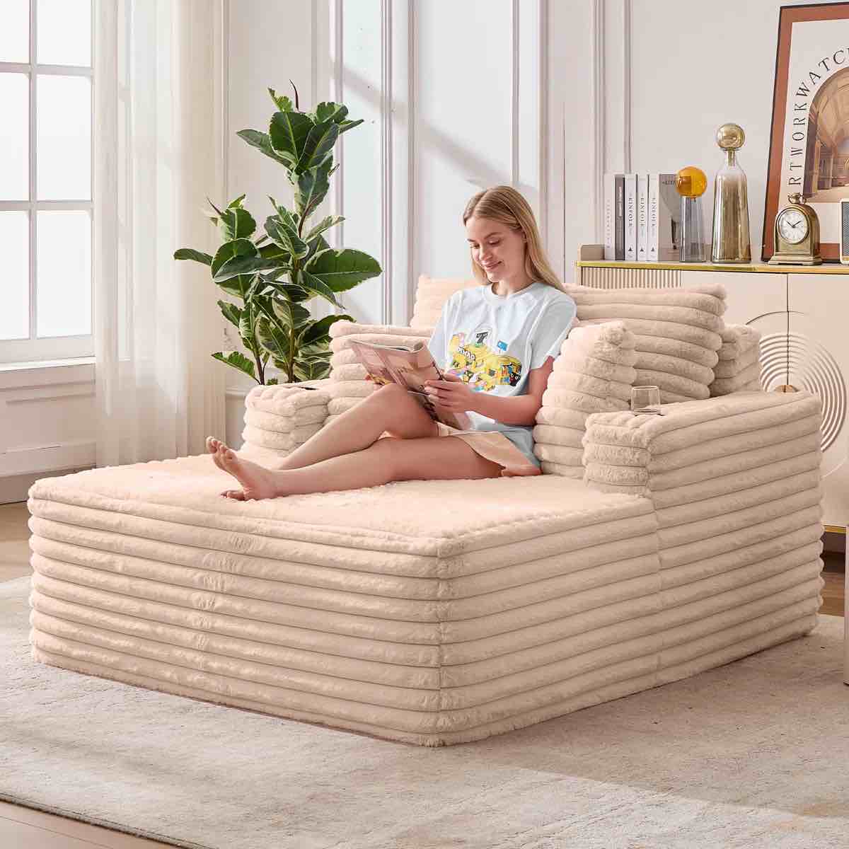 oversized chaise lounge chair indoor, 53 inch upholstered sofa bed with throw pillows and armrests,cup holder, comfy corduroy sleeper couch for living room, bedroom, office,no assembly required