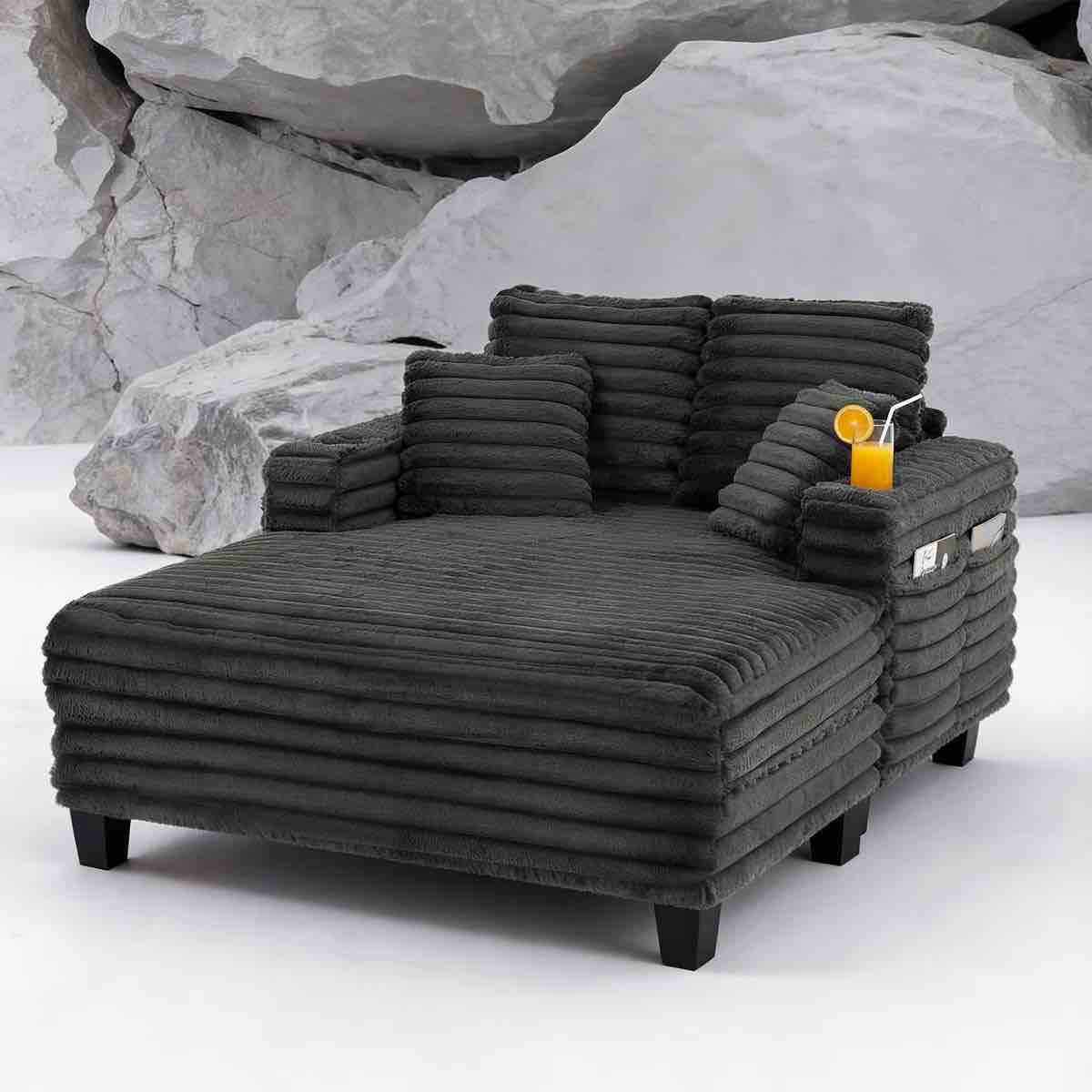 64" oversized upholstered chaise lounge chair with solid wood frame, deep seating & soft fabric, living room indoor accent chair for lounging & reading (corduroy, grey), box b only*