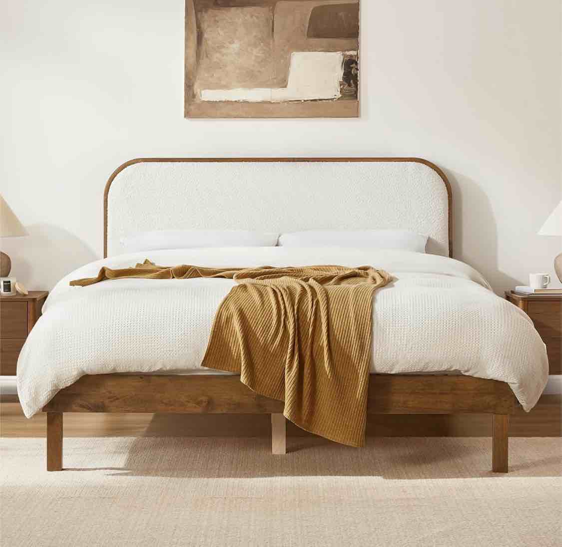 wood bed frame with upholstered headboard, mid-century boucle fabric platform modern bed mattress foundation noise-free no box spring needed easy assembly