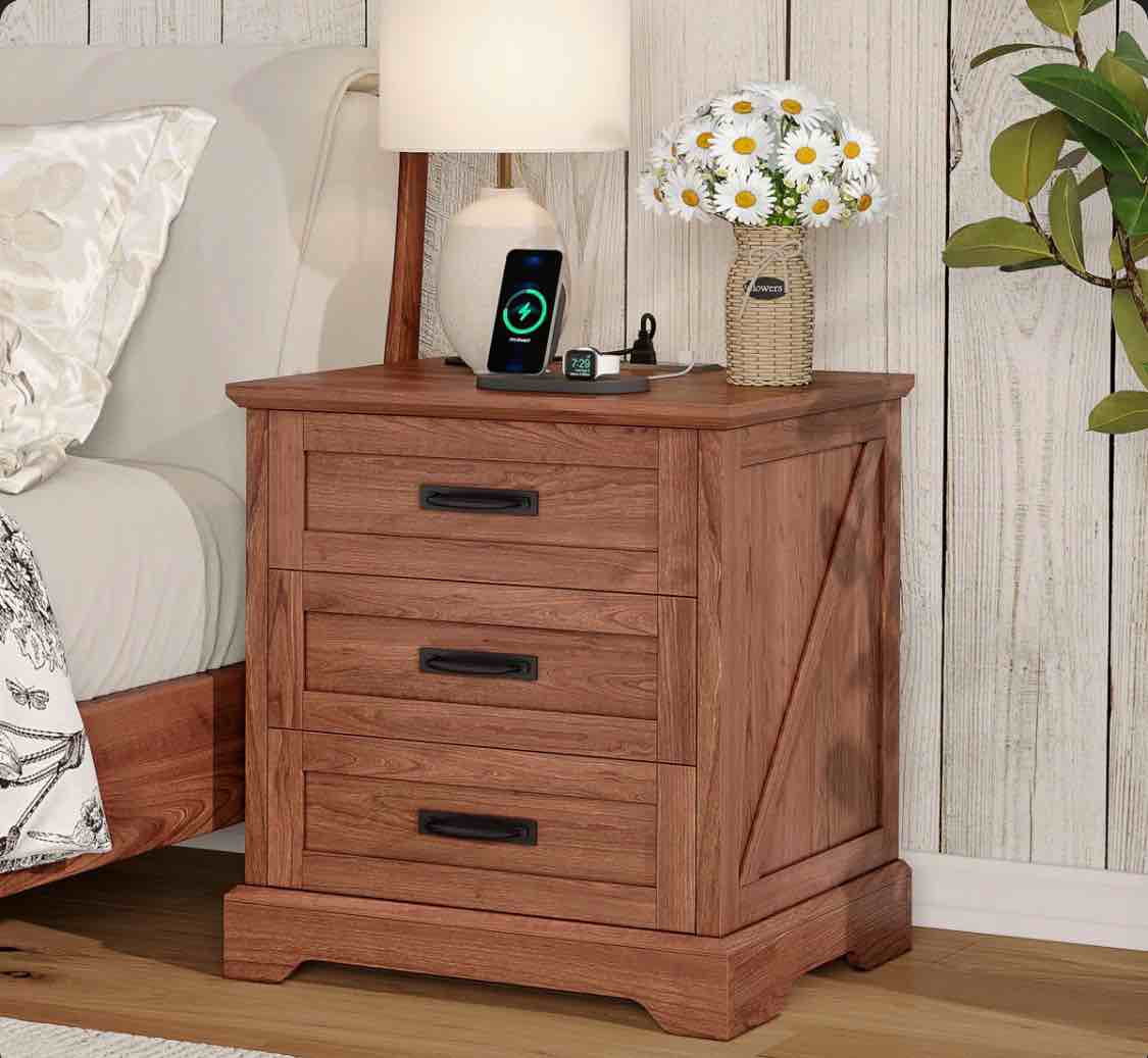farmhouse nightstand with charging station, 3 drawers bedside table, 22-inch wide end table for bedroom, living room