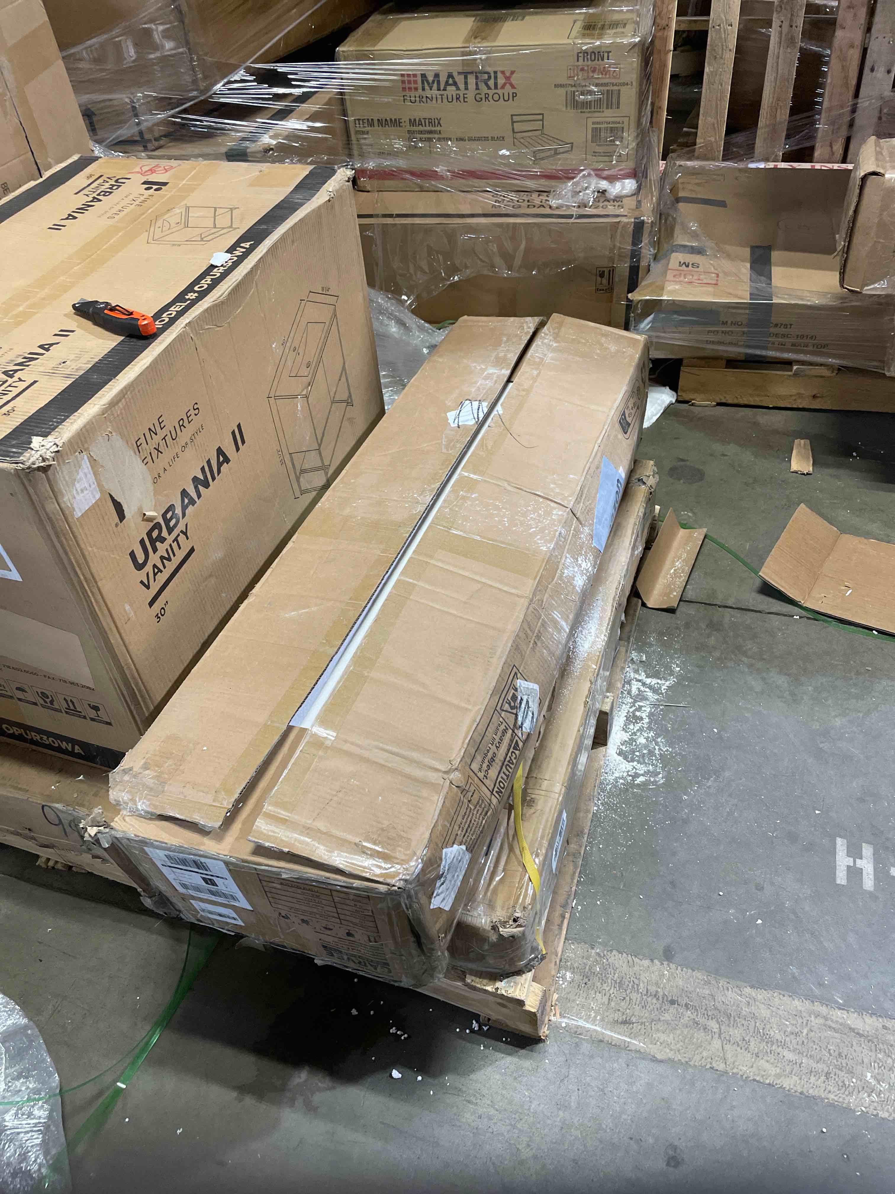 Condition photo showing Good Condition for Garvee King Size Bed Frame with High Storage Bookcase Headboard Wood Bed Frame ( incomplete)