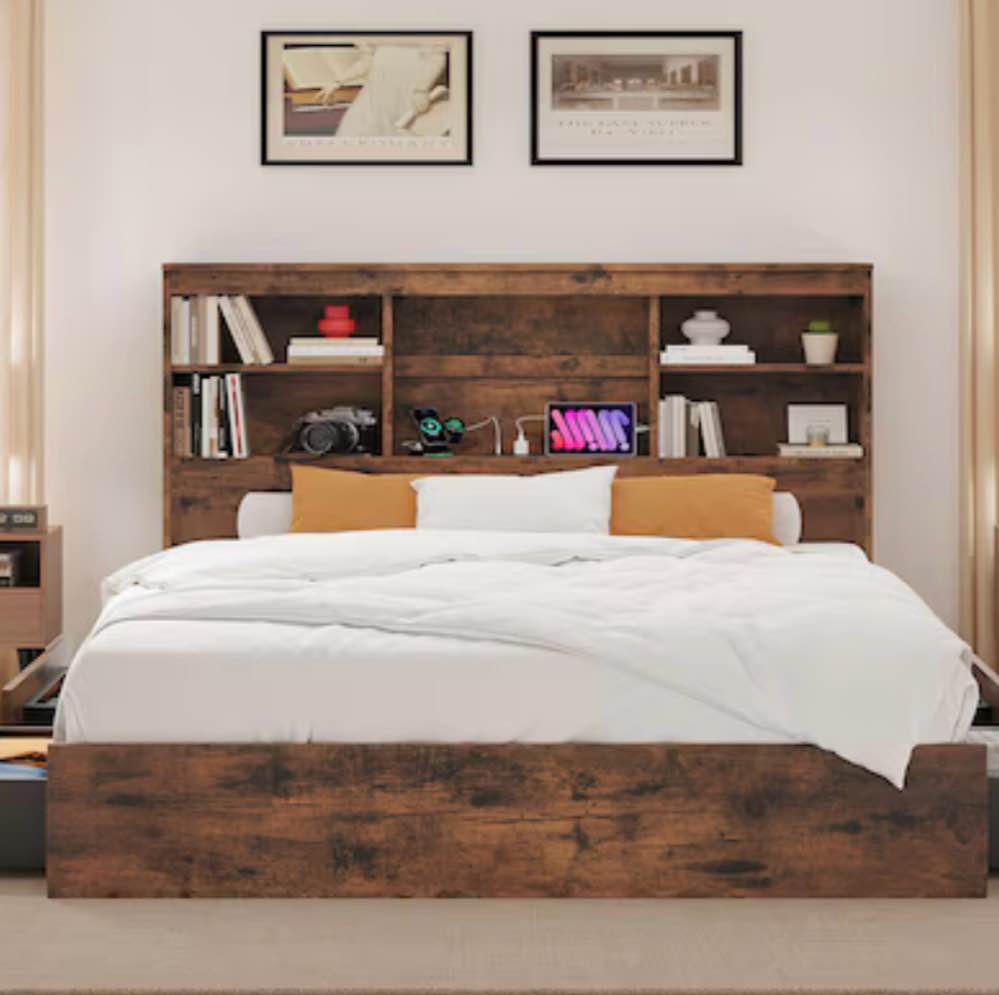 Garvee King Size Bed Frame with High Storage Bookcase Headboard Wood Bed Frame ( incomplete)