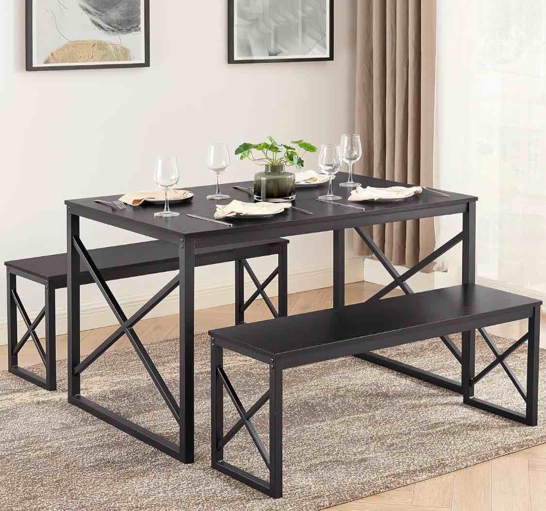 VECELO Kitchen Table with 2 Benches for 4, Wood Dining Room Dinette Sets with Metal Frame for Breakfast Nook and Small Space, Black