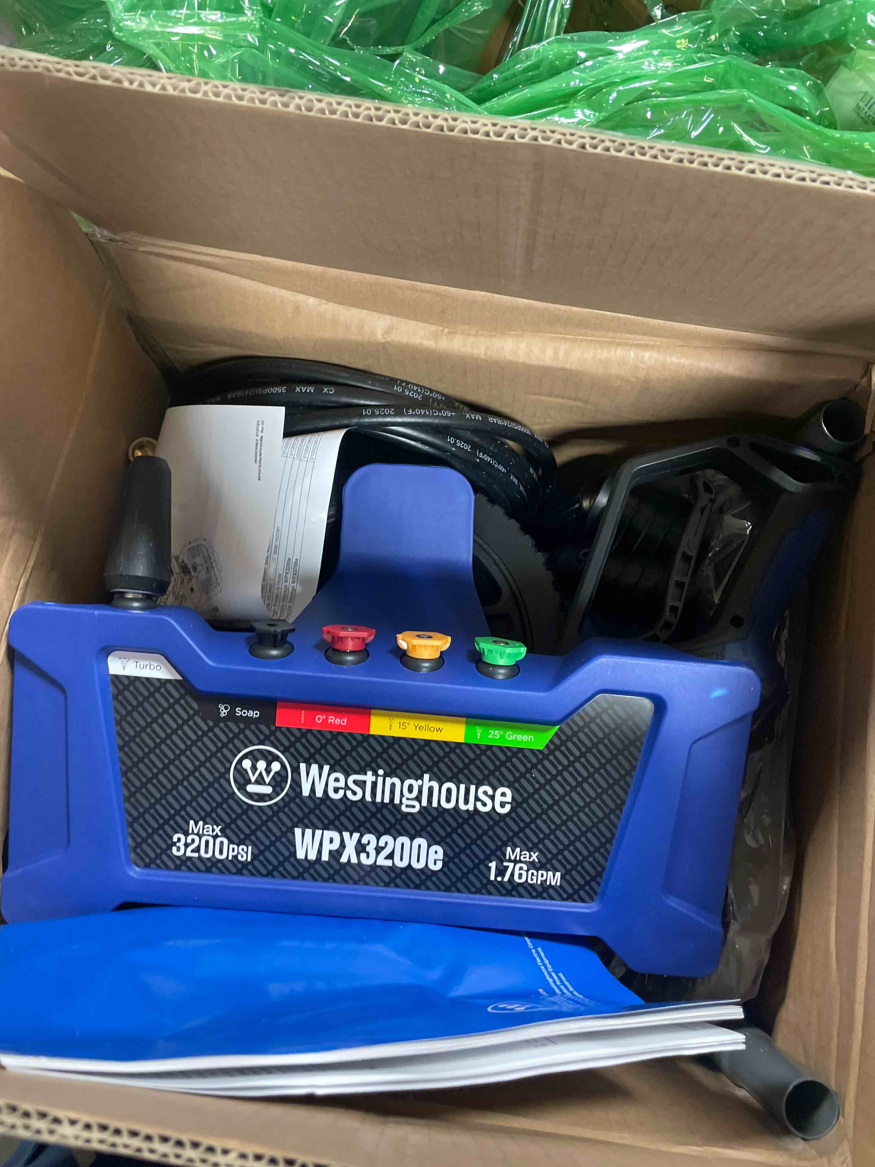 Condition photo showing New/Like New for Westinghouse WPX3200e Electric Pressure Washer, 3200 Max PSI and 1.76 Max GPM, Induction Motor, Onboard Soap Tank, Spray Gun and Wand, 5 Nozzle Set, for Cars/Fences/Driveways/Homes/Patios/Furniture