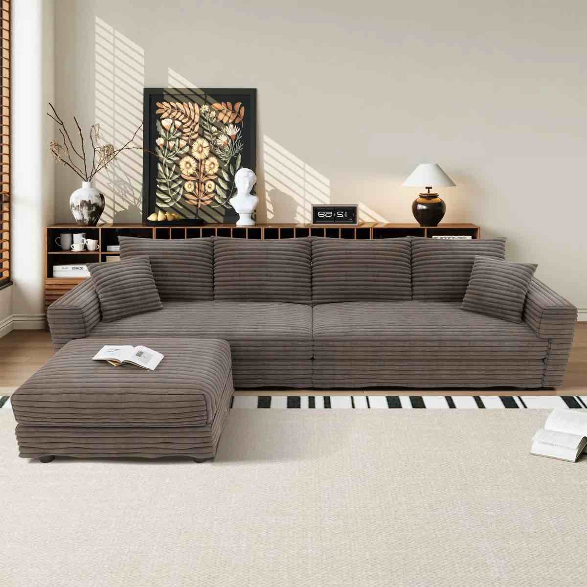 Nerissa 102.4" Corduroy Modular Cloud Couch Comfy Sofa with One Ottoman, INCOMPLETE*