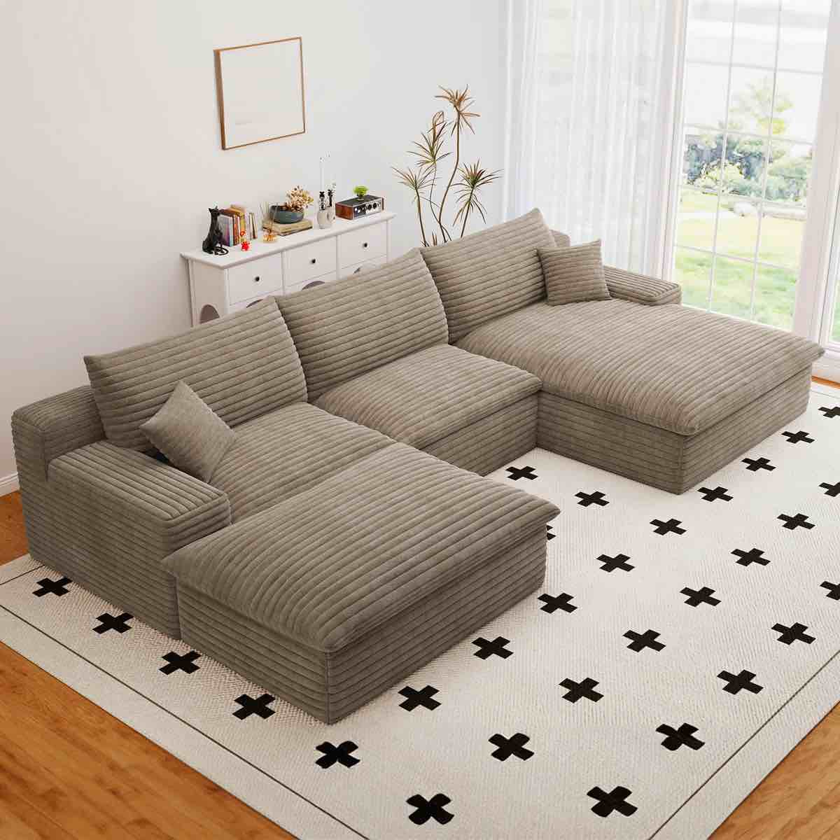 107" cloud sectional couch with u-shaped chaise,corduroy viral boneless sofa with ottoman,memory foam couches in a box with deep seat for living room,no assembly required (camel,right-facing chaise), 1 box only*