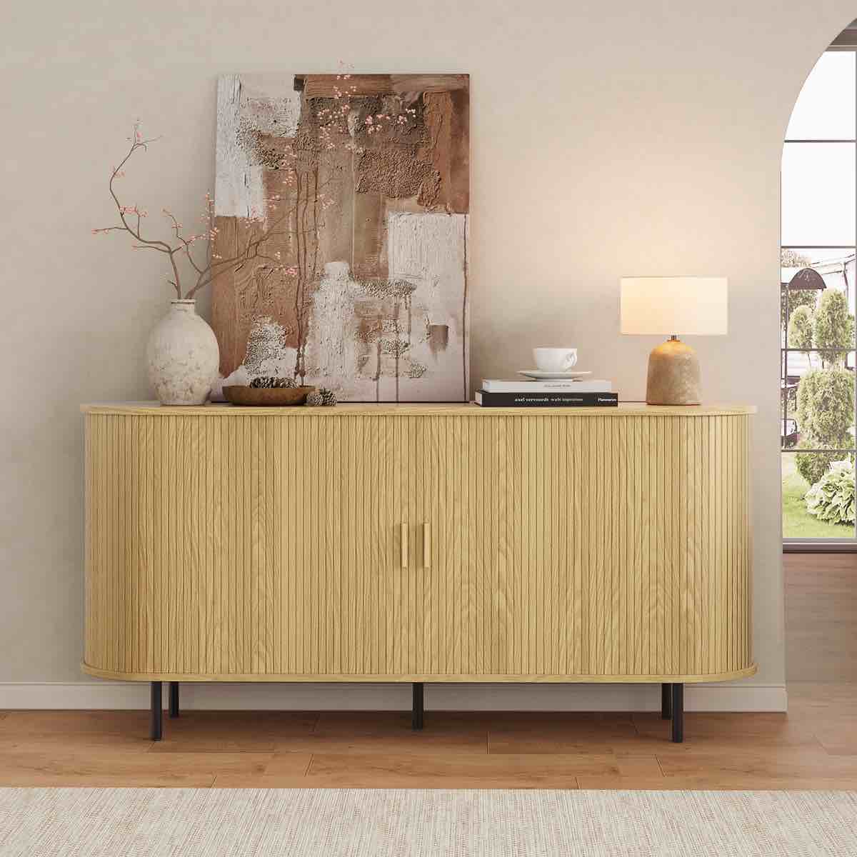 63" Sideboard Buffet Cabinet With Large Drawer, Storage Buffet With Tambour Sliding Door & Adjustable Shelf By Ebern Designs