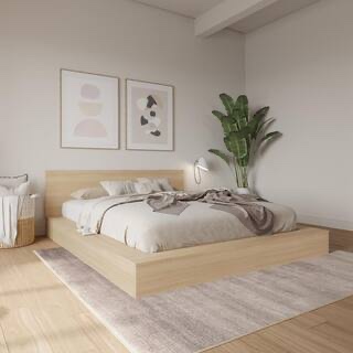 Nexera Kanso Beige Oak Frame Queen Size Low Profile Platform Bed with Headboard