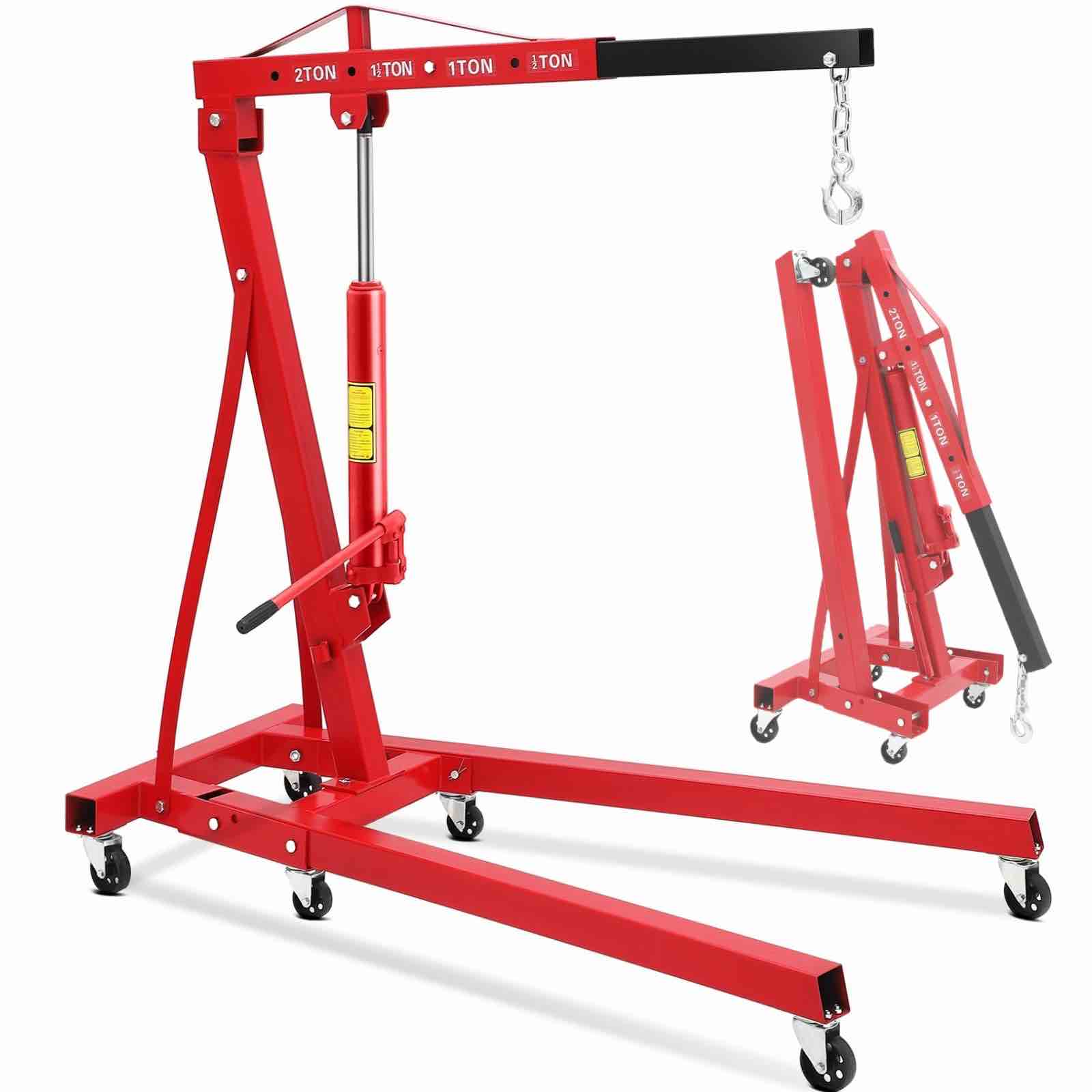 garvee 2-ton folding engine hoist hydraulic shop crane lift with 6 casters telescopic boom for garage workshop factory heavy-duty red
