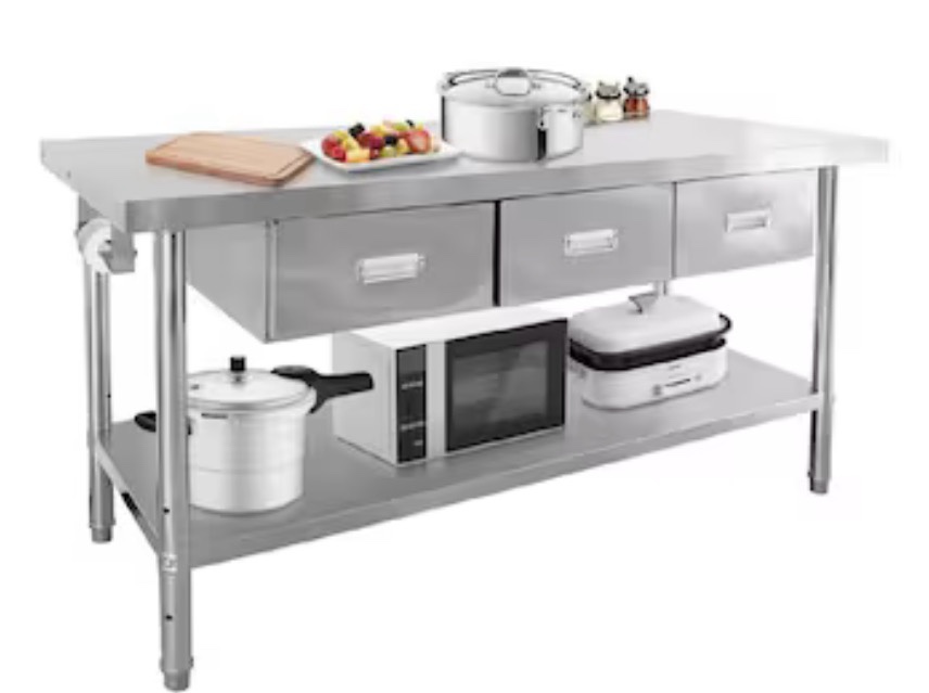 Garvee 71x24in Stainless Steel Table with Adjustable Shelf 3 Drawers Metal Kitchen Prep