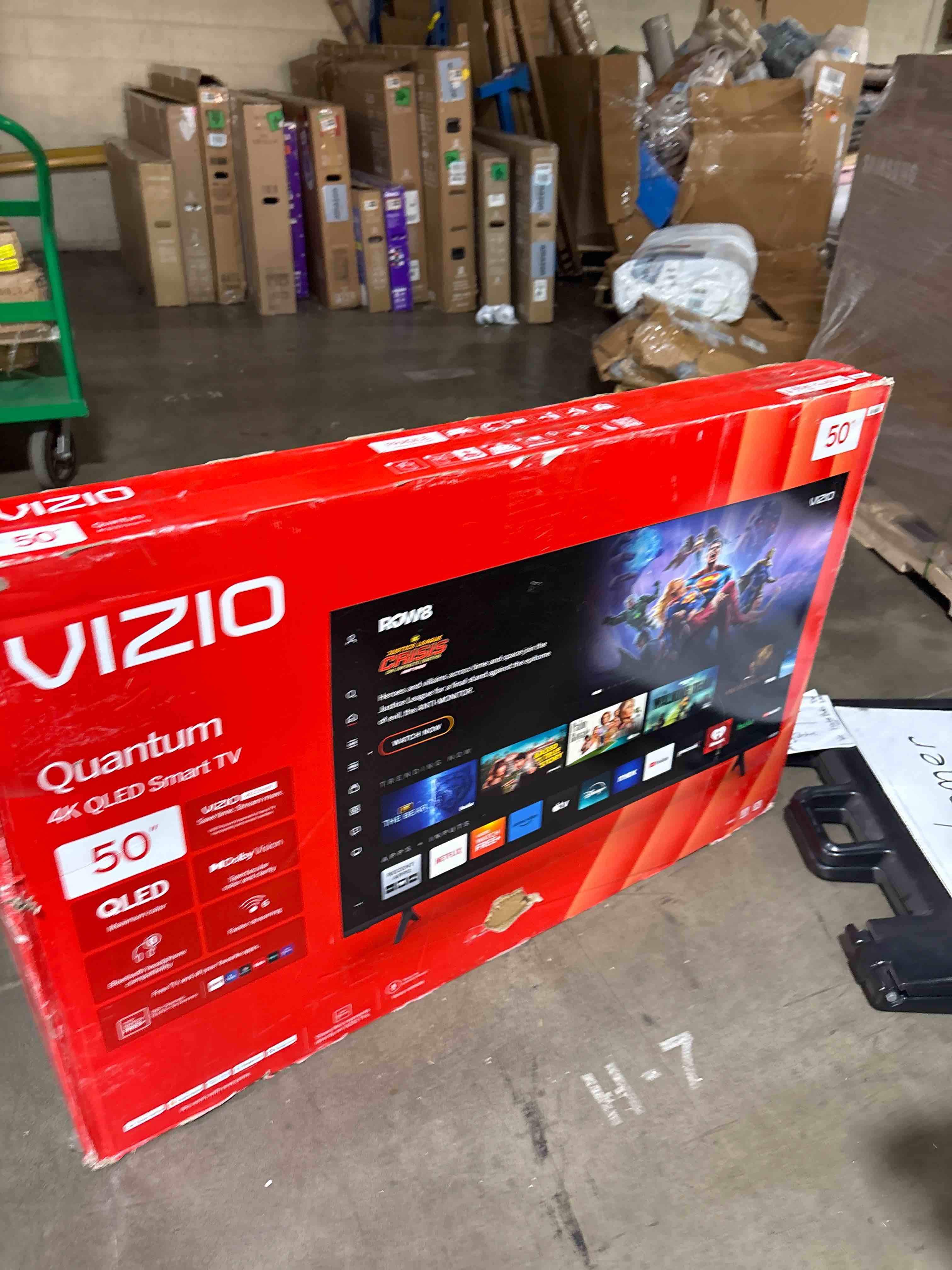 Condition photo showing As Is for vizio 50-inch quantum 4k qled hdr smart tv w/dolby vision hdr, wifi 6, bluetooth headphone capable, apple airplay, google cast built-in (vqd50m-08, new)