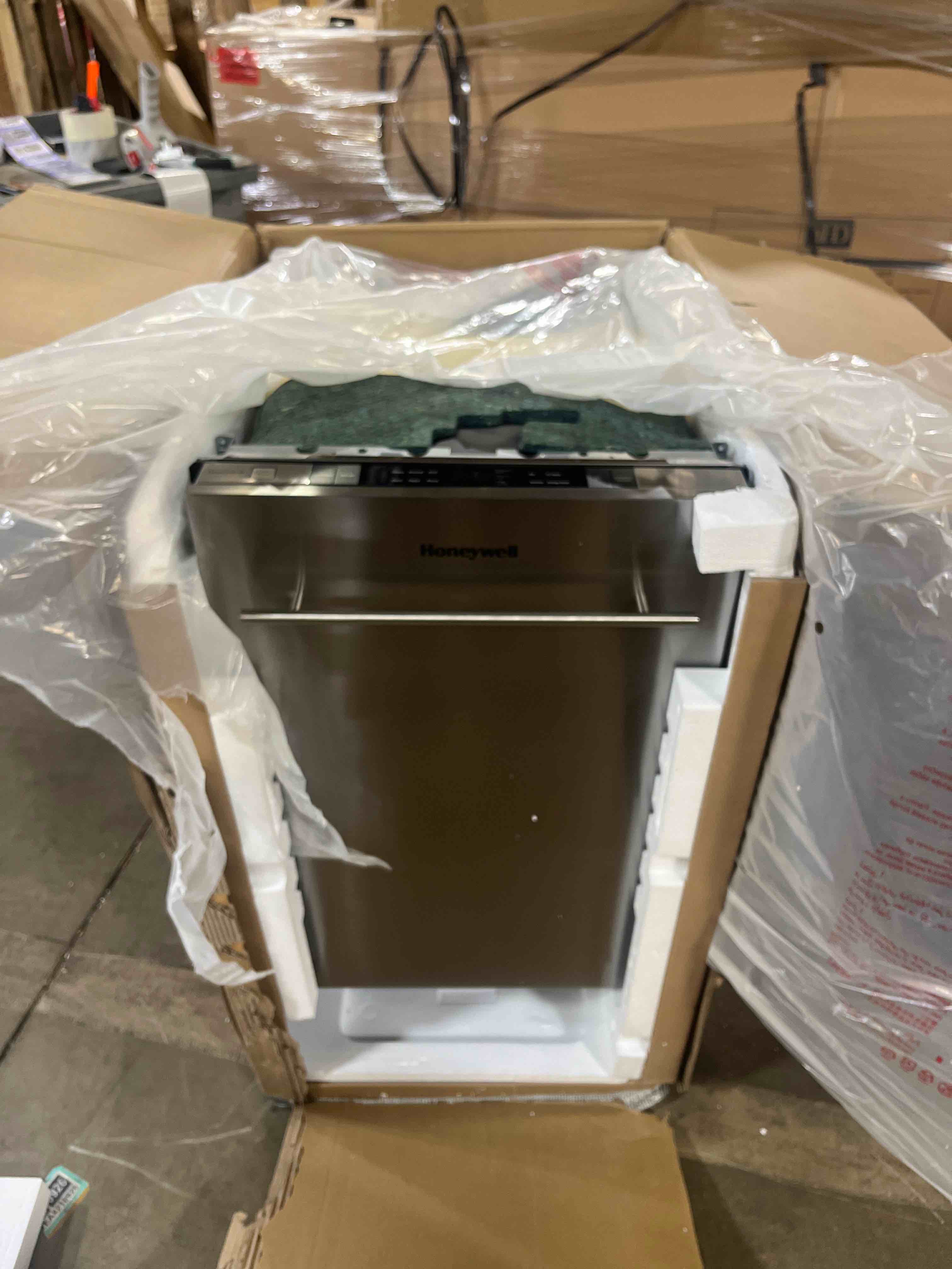 Condition photo showing New/Like New for honeywell 18 inch dishwasher with 8 place settings, 6 washing programs, stainless steel tub, ul/energy star- stainless steel