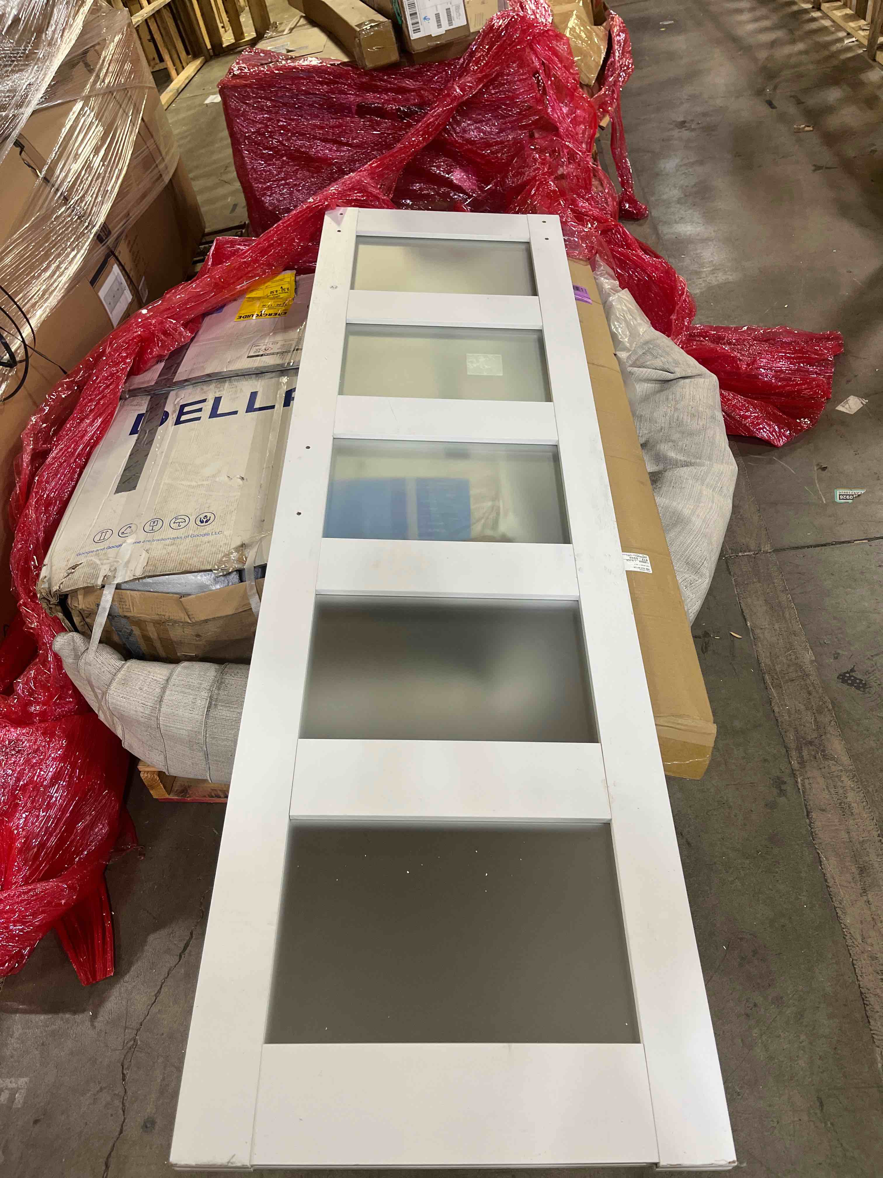 Condition photo showing Good Condition for 24"×84” sliding pocket door, 5 panel glass sliding door, single panels for closets & interiors,need to assemble,white(no hardware include)