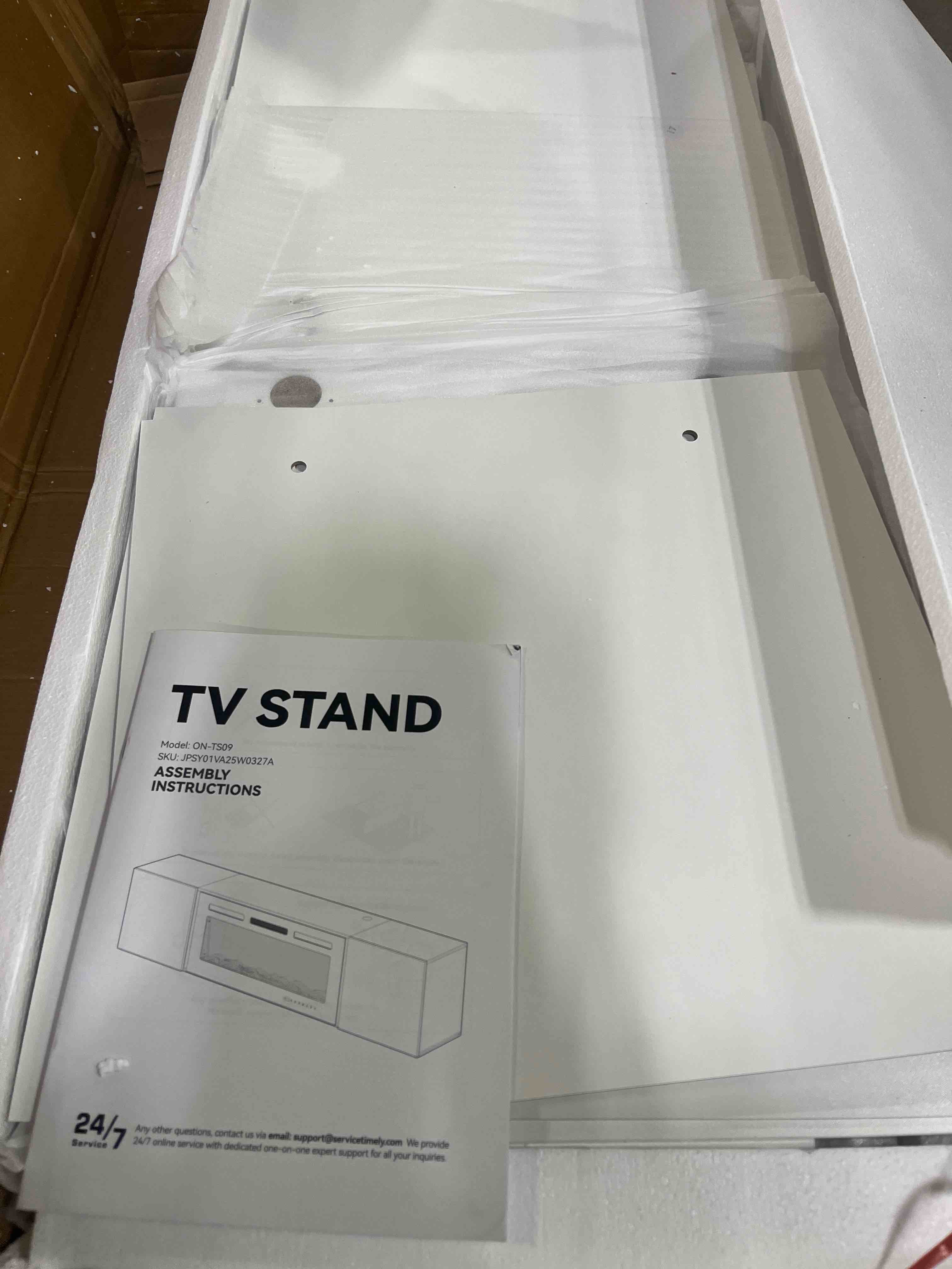 Condition photo showing Good Condition for amerlife floating tv stand with 36" electric fireplace, high gloss finish wall mounted fireplace entertainment center with storage for tvs up to 78", all white, incomplete box 2 of 2 only! 