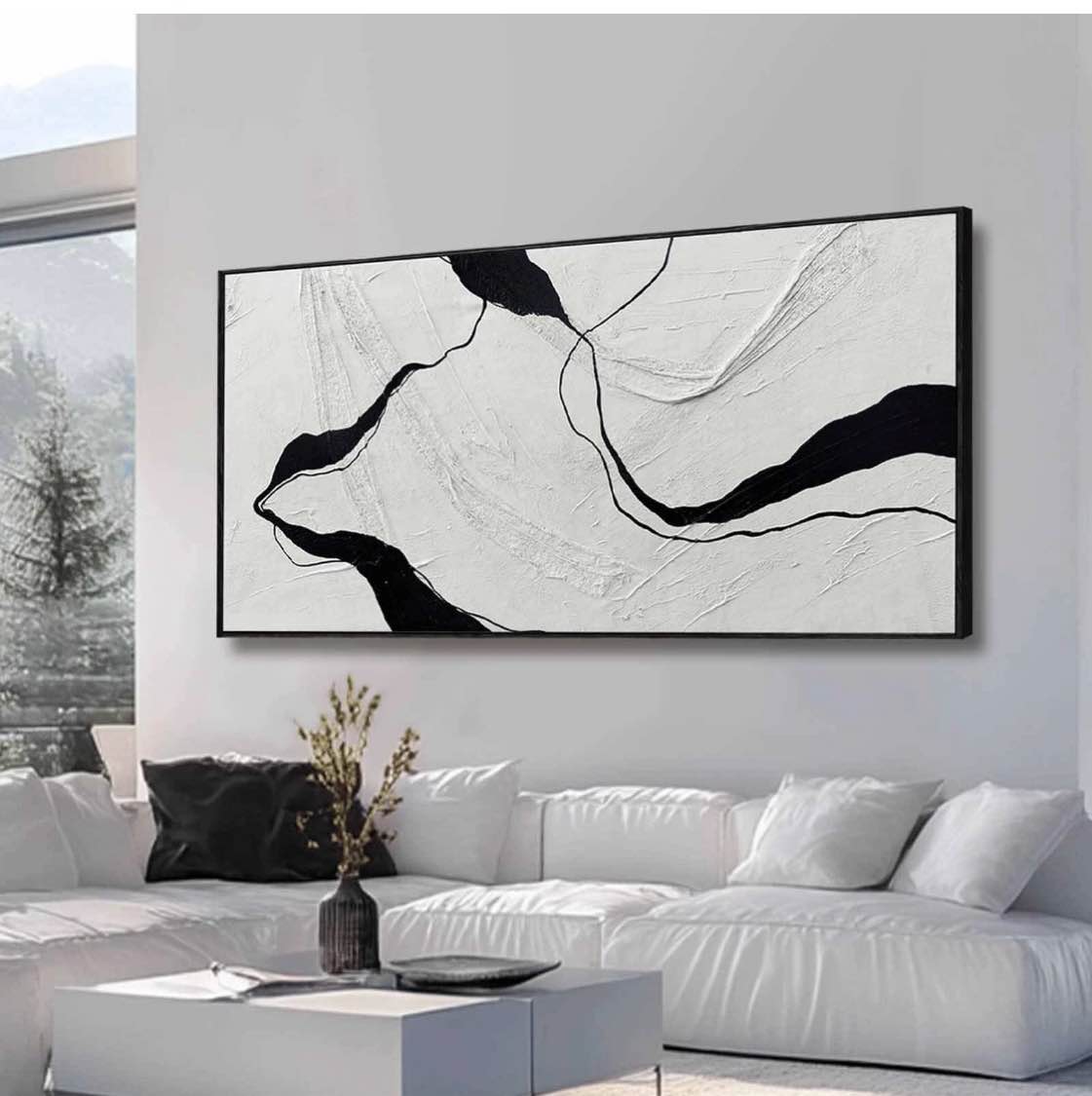 large framed abstract wall art 29"x58" black and white contemporary line canvas neutral wall decor for modern living room office bedroom
