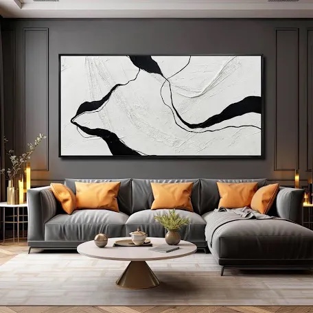 Condition photo showing New/Like New for large framed abstract wall art 29"x58" black and white contemporary line canvas neutral wall decor for modern living room office bedroom