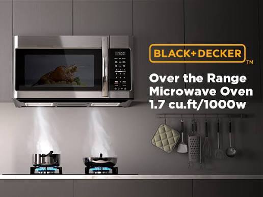 Condition photo showing New/Like New for black+decker over the range microwave oven with vent and one-touch auto cooking, 1.7 cu. ft. otr over stove microwave, stainless steel, 1000 watts, em044k6ce-ss