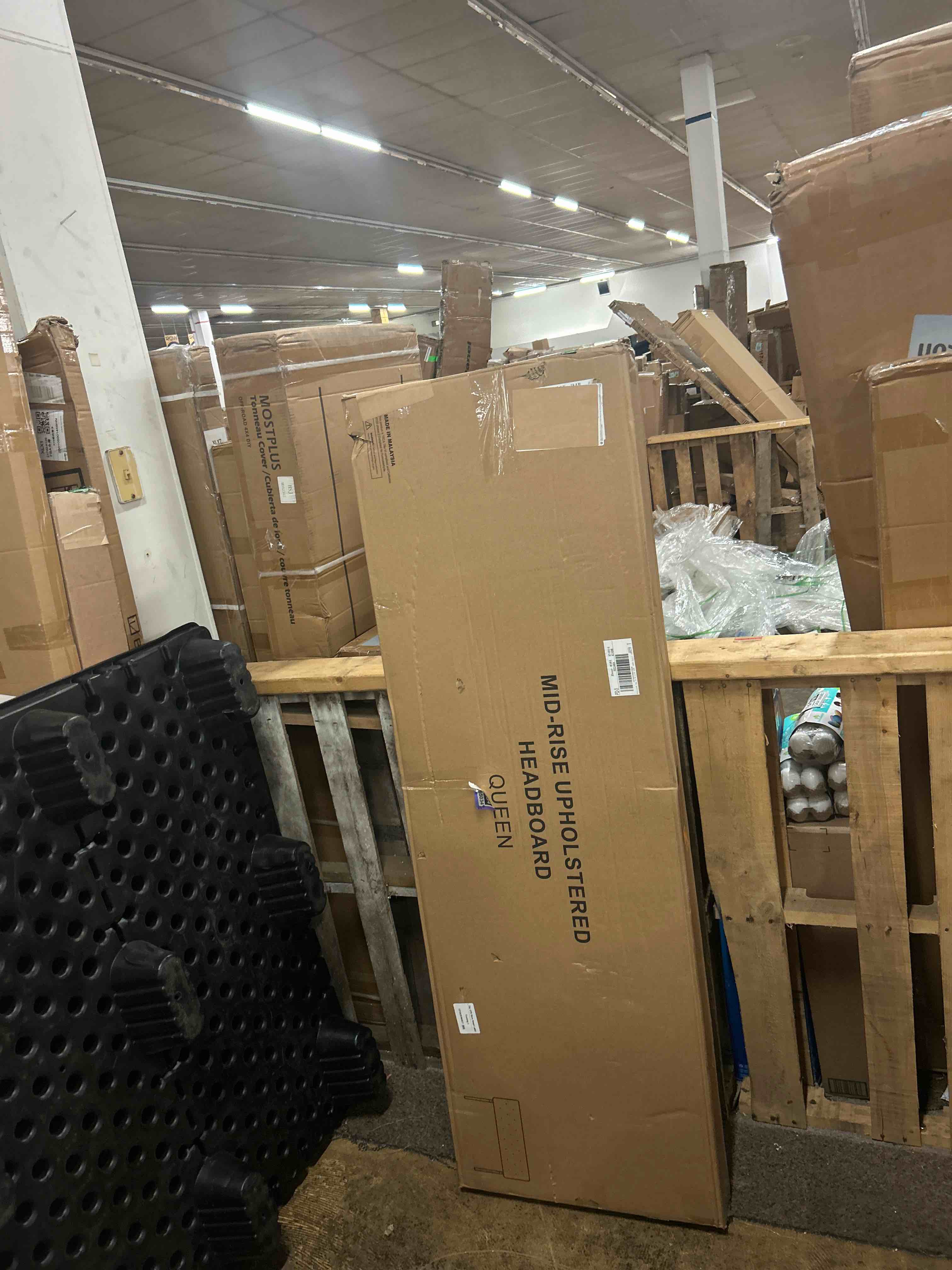 Condition photo showing New/Like New for lucid mid-rise upholstered headboard - diamond tufted - padded polyester - adjustable height from 34'' to 46'' - easy assembly - bed frame or wall mount - sturdy - charcoal - queen size
