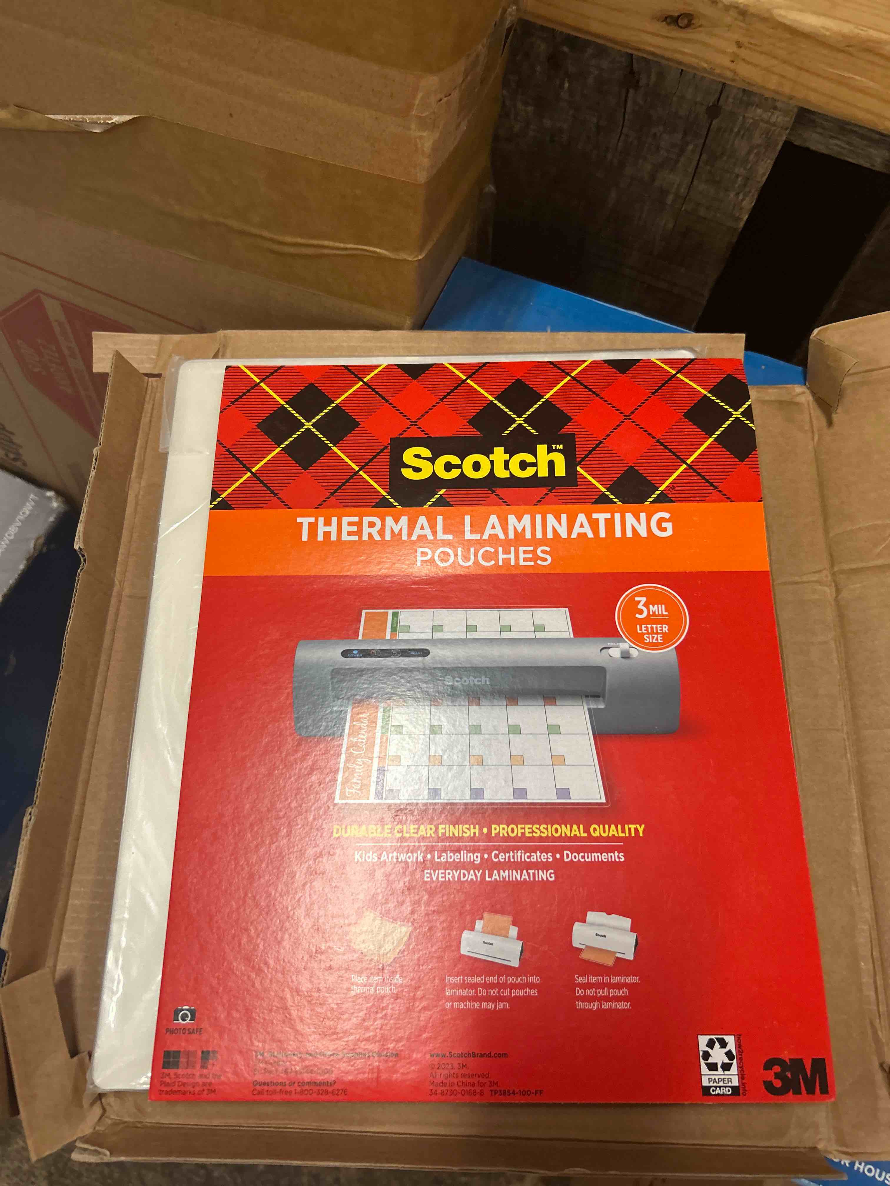 Condition photo showing New/Like New for scotch thermal laminating pouches, 200 count, clear, 3 mil., ideal office or school supplies, fits letter sized paper (8.9 in. × 11.4 in.)