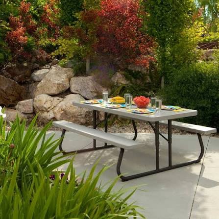 lifetime 6-foot folding picnic table with benches, seats 8, heavy-duty hdpe tabletop, steel frame, weather & uv resistant outdoor picnic table with umbrella hole