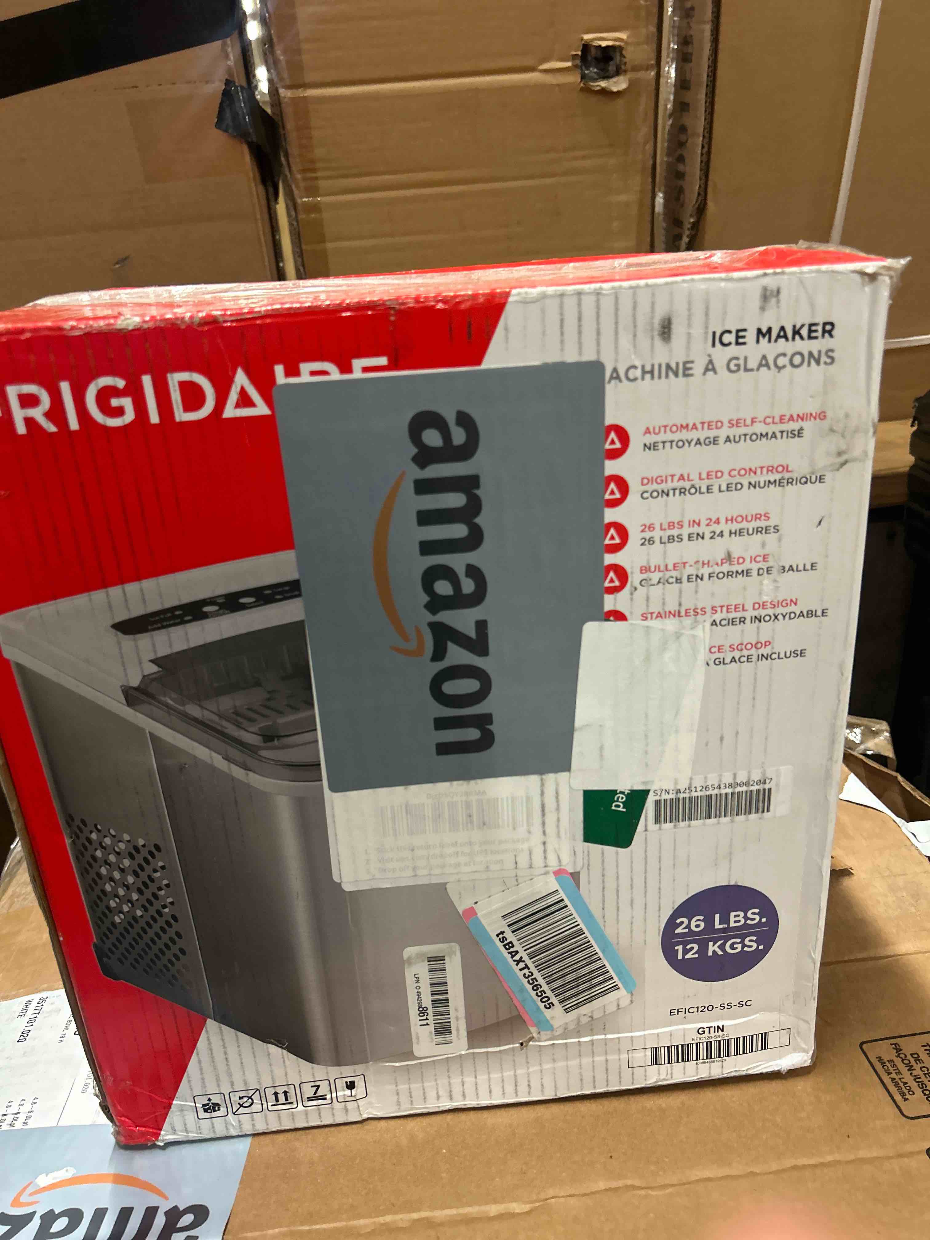 Condition photo showing New/Like New for frigidaire 26 lbs per day portable compact maker, ice making machine, stainless, medium