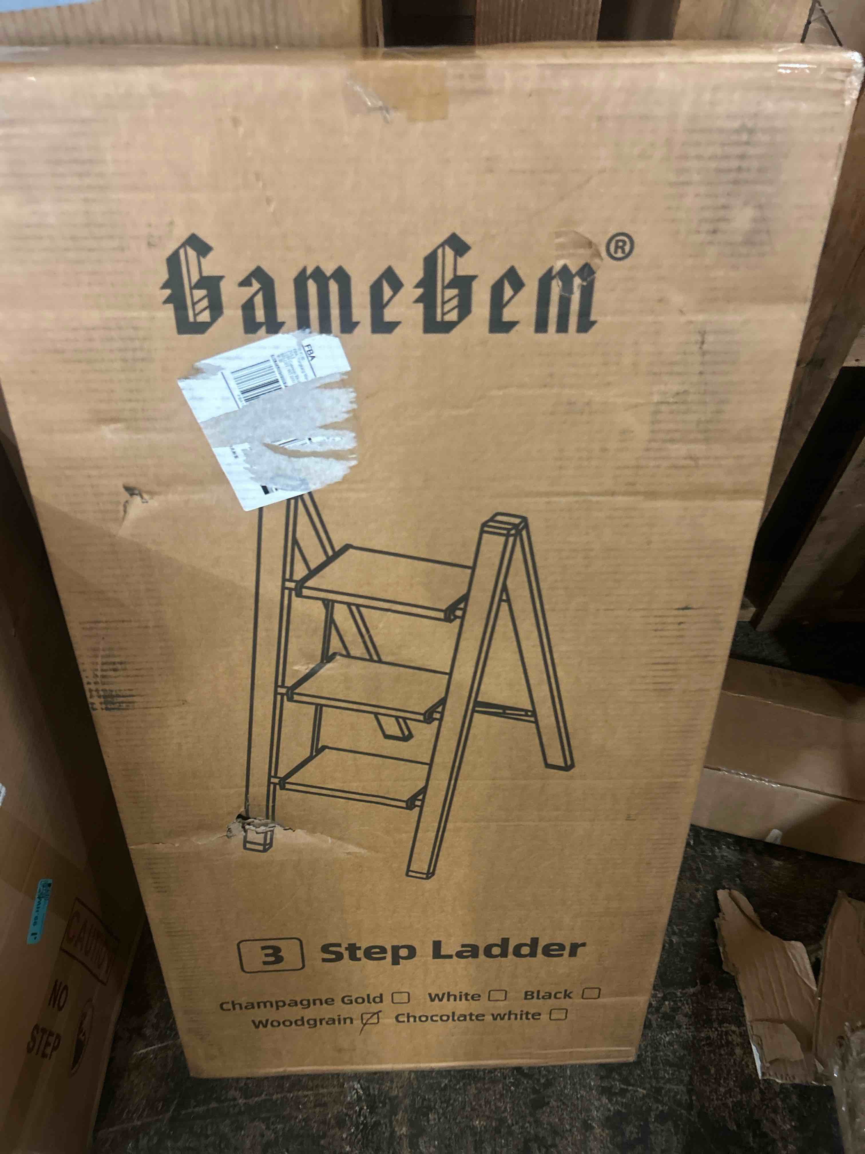 Condition photo showing New/Like New for 3 step ladder, folding step stool with anti-slip wide pedal, aluminum material lightweight yet sturdy, 300 lbs load, cute modern apperance for indoor household spaces