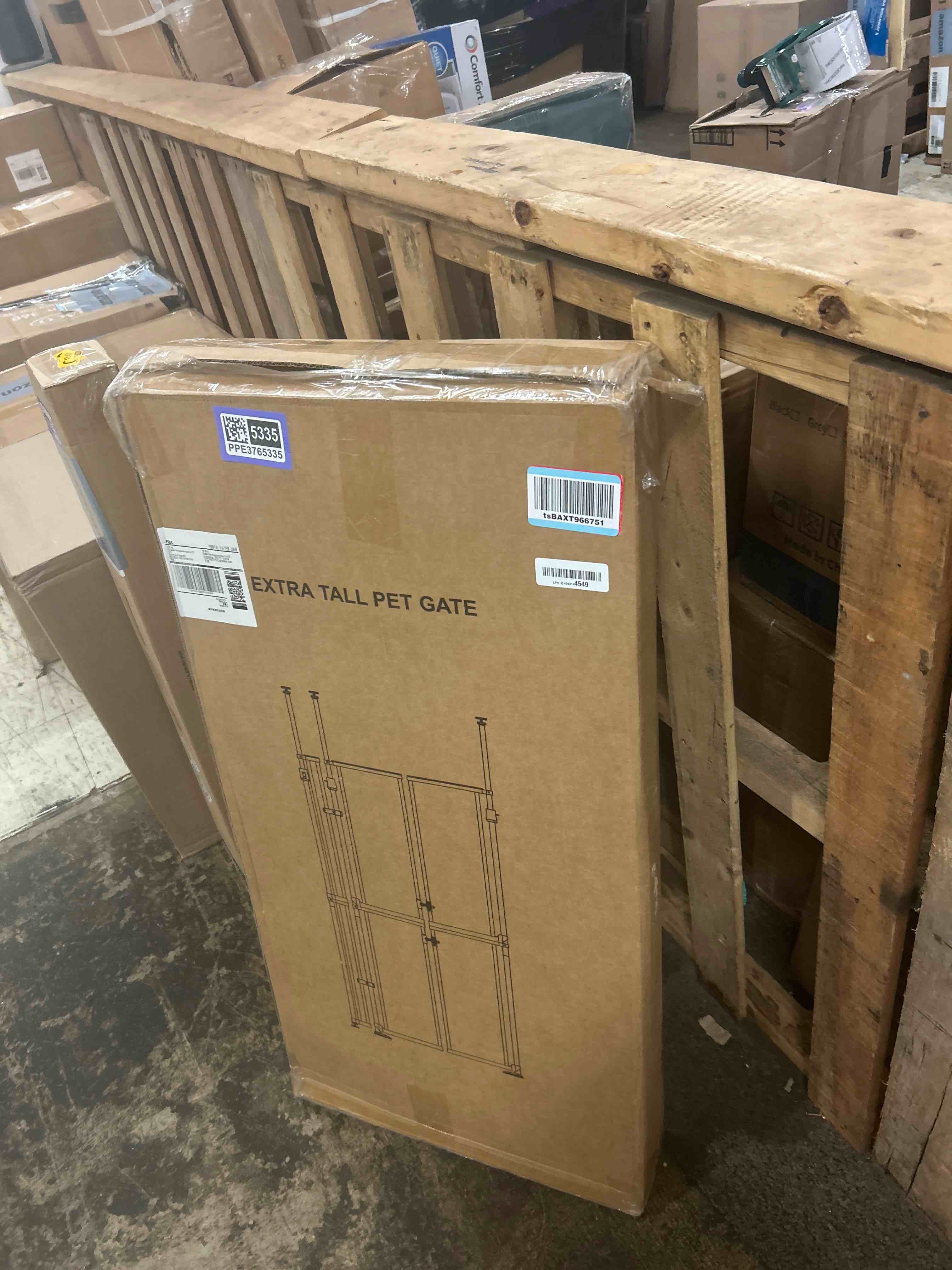 Condition photo showing New/Like New for 74-98" extra tall cat gate, 33.86-41.34, no drilling pressure mount, transparent double door pet gate for stairs/kitchen/home, auto close, white