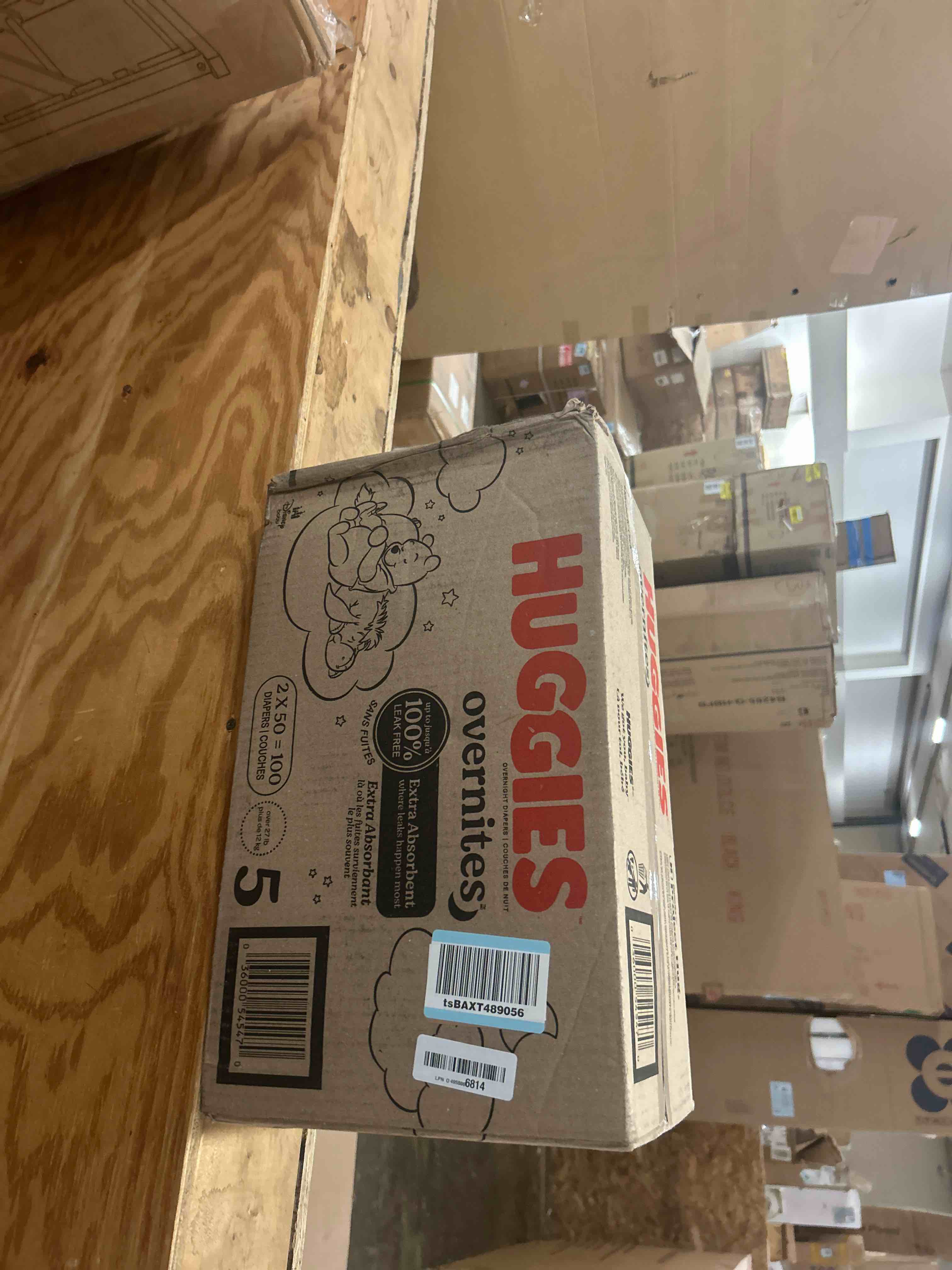 Condition photo showing New/Like New for huggies size 5 overnites baby diapers: overnight diapers, size 5 (27+ lbs), 100 ct (2 packs of 50), packaging may vary