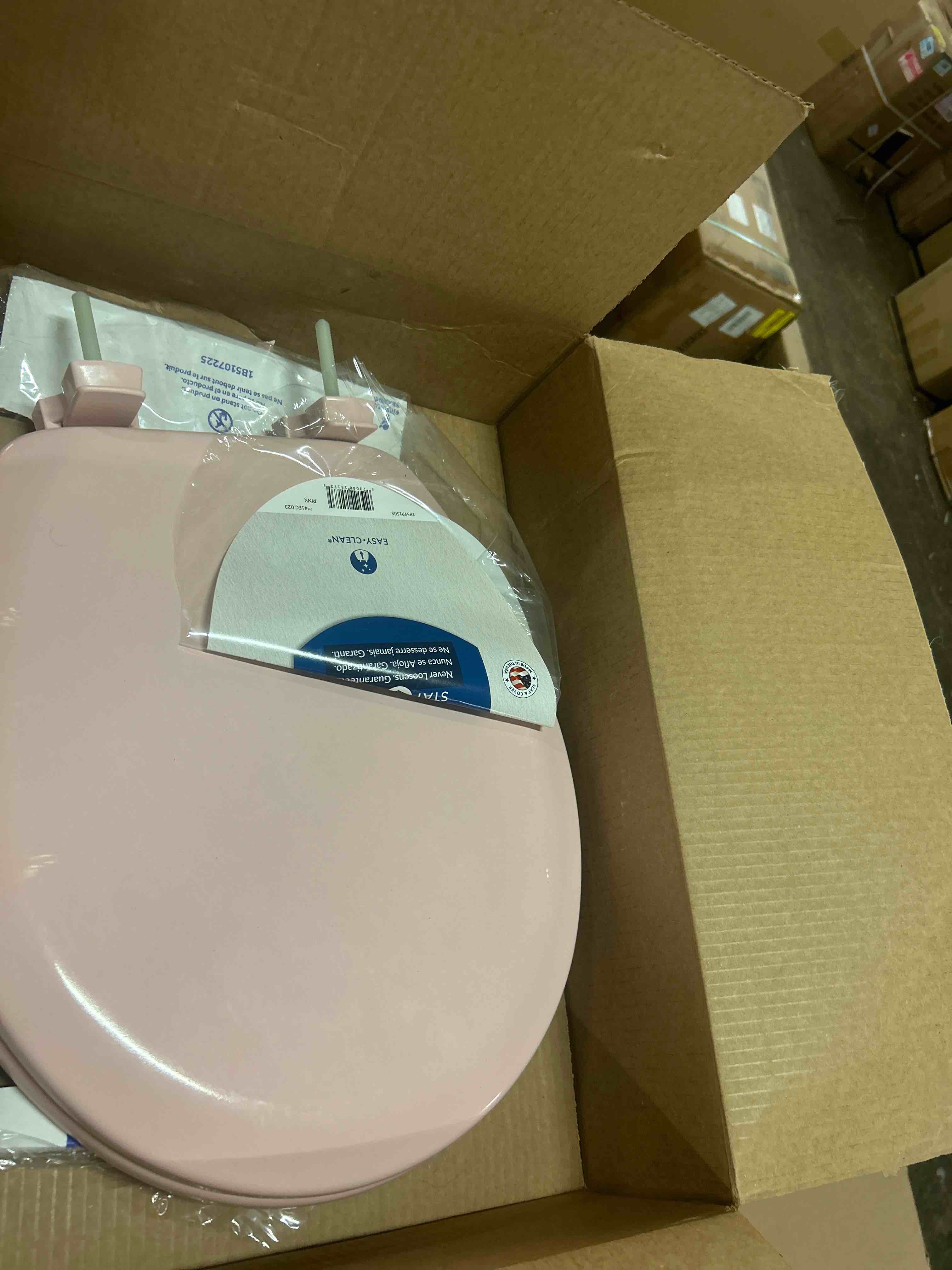Condition photo showing New/Like New for mayfair cameron pink toilet seat, non slip heavy duty wood, easy clean, made in usa, round