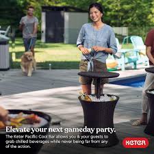 Condition photo showing New/Like New for keter pacific cool bar outdoor patio furniture and hot tub side table with 7.5 gallon beer and wine cooler, espresso brown