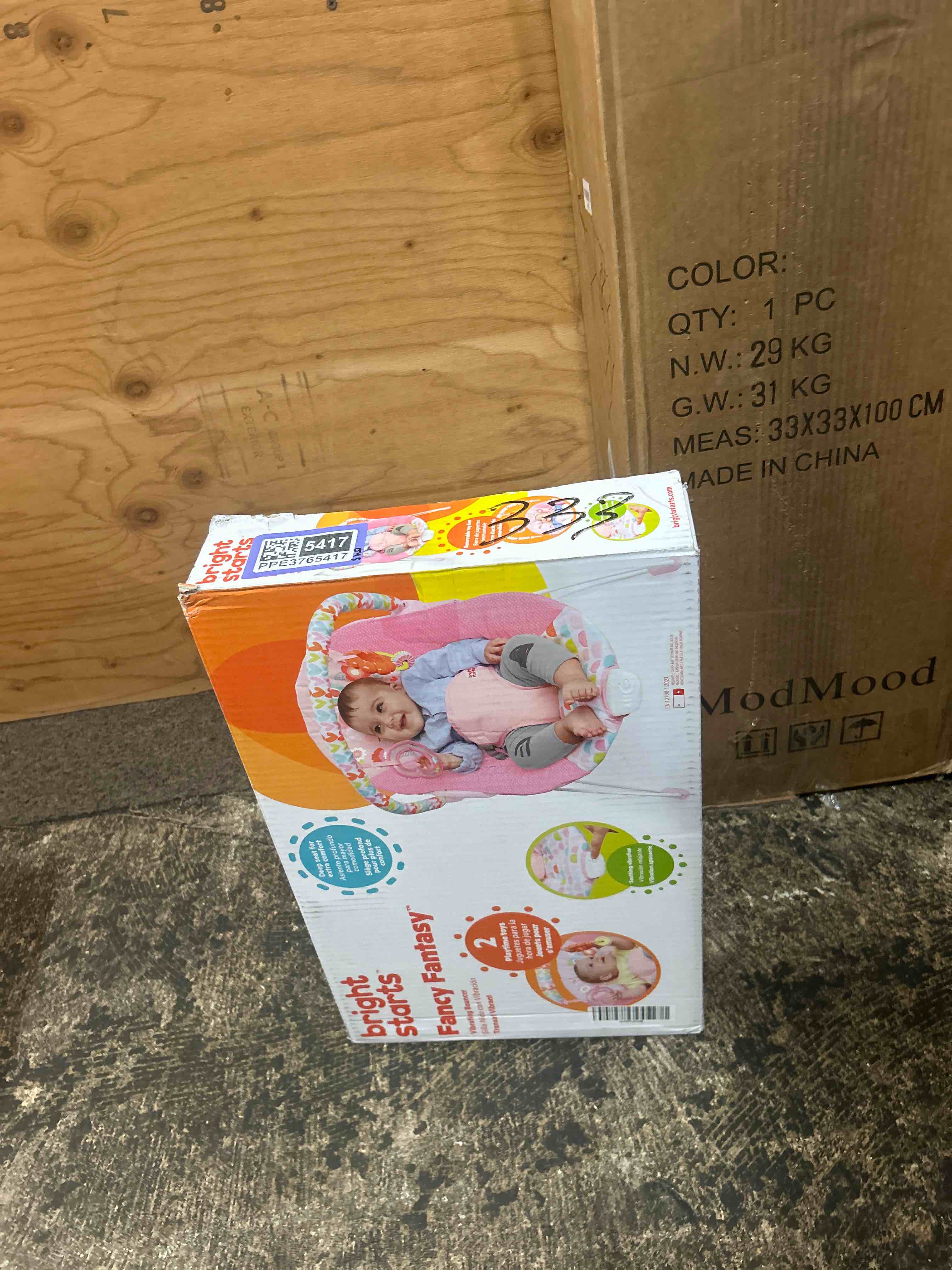 Condition photo showing New/Like New for bright starts baby bouncer soothing vibrations infant seat - removable -toy bar, nonslip feet, 0-6 months up to 20 lbs (fancy fantasy, pink unicorn)