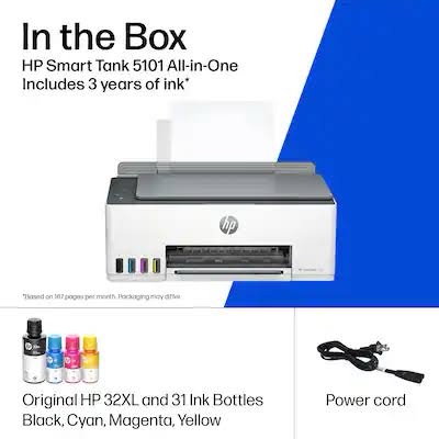 Condition photo showing New/Like New for hp smart tank 5101 wireless all-in-one refillable printer, scanner, copier with 2 years of ink included, wireless printer-for-home use an ecotank alternative (1f3y0a)