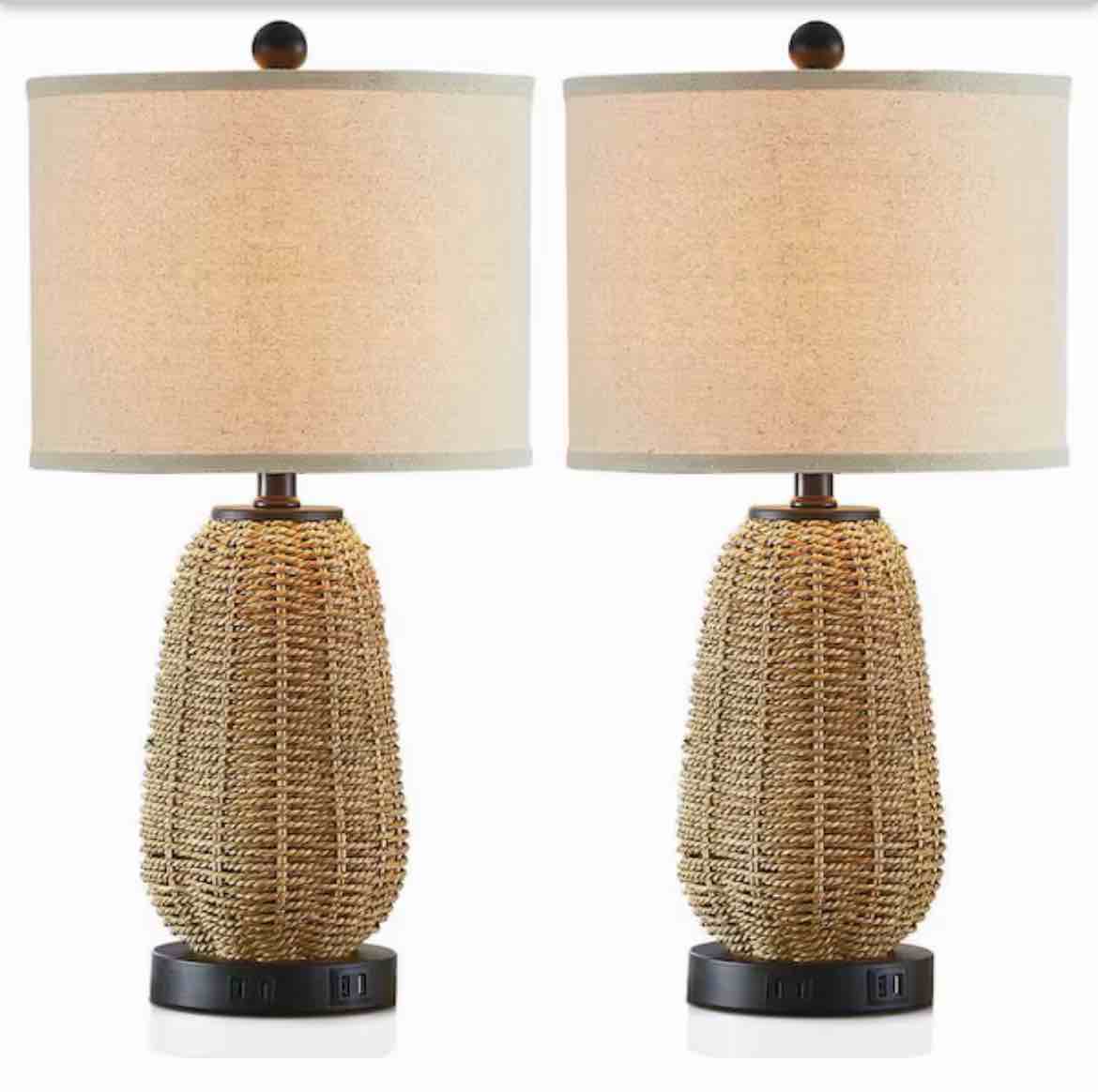 Condition photo showing New/Like New for tiburon 22.8 in. wood color rattan table lamp set of 2 with 2 usb ports and ac outlet