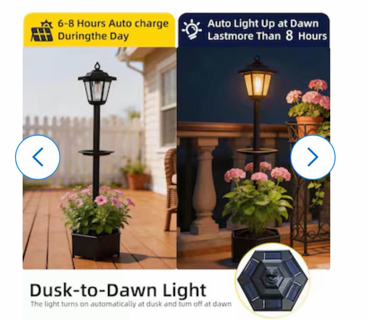 Condition photo showing As Is for solar outdoor floor lamp with planter and bird feeder