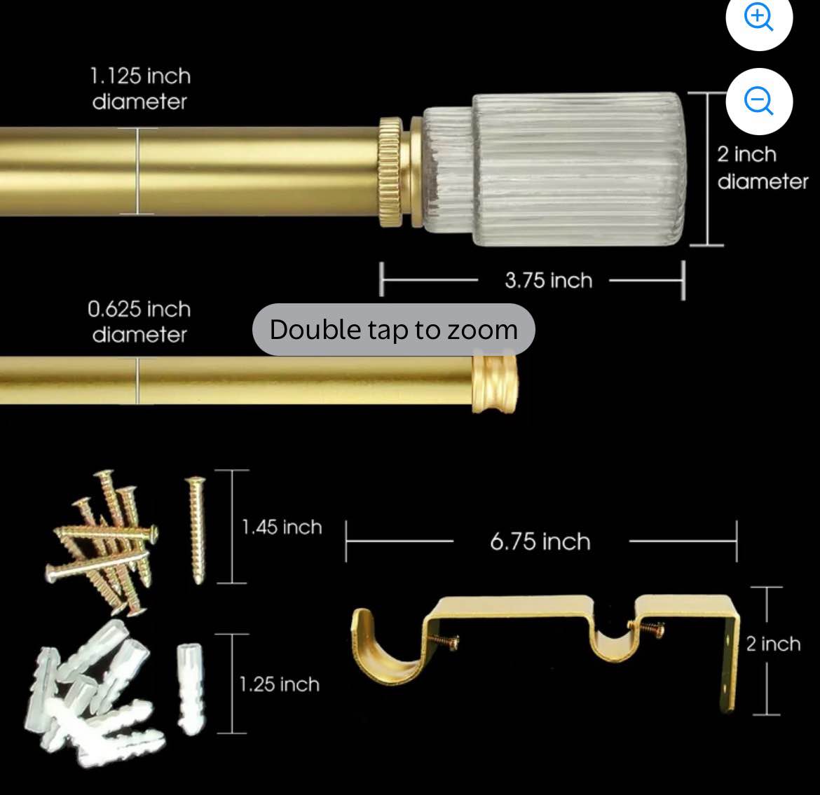 Condition photo showing New/Like New for skyplus living 1-1/8 inch double window curtain rod with glass finials set, adjustable 36-72 in,gold