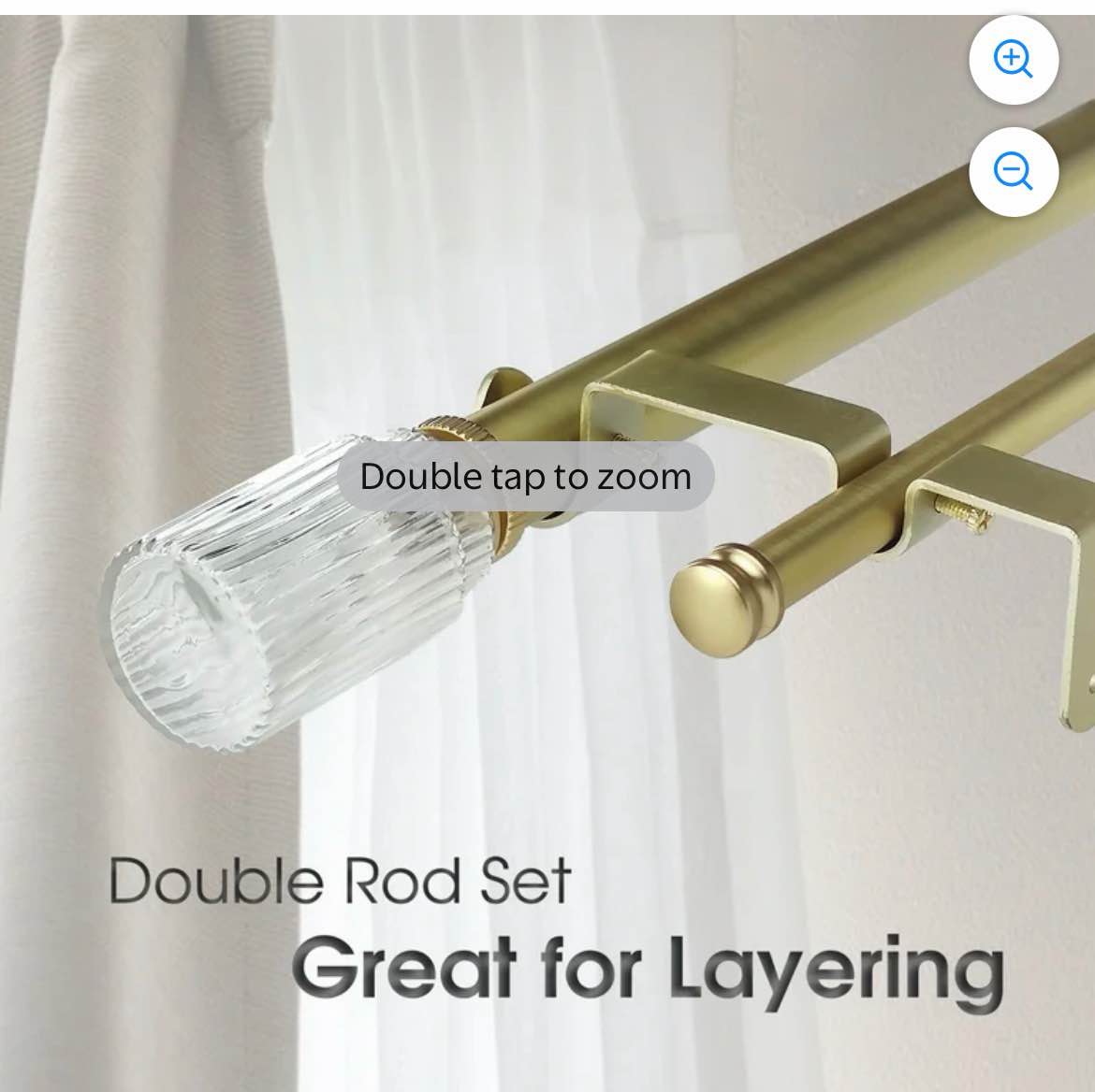 Condition photo showing New/Like New for skyplus living 1-1/8 inch double window curtain rod with glass finials set, adjustable 36-72 in,gold